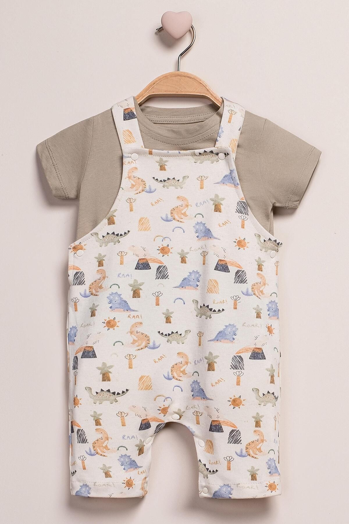 Mini Ropa Bebek Salopet Tişört Takımı Desenli Yazlık Yeşil Salopet Takımı