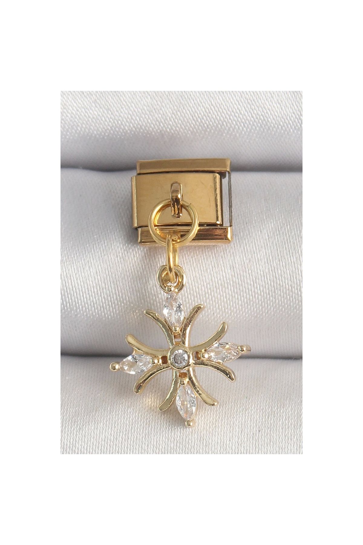 Marsilyan 316L Çelik Gold Renk Sallantı Zirkon Taşlı Kar Tanesi Model Nomination Charm - TJ-BC1341