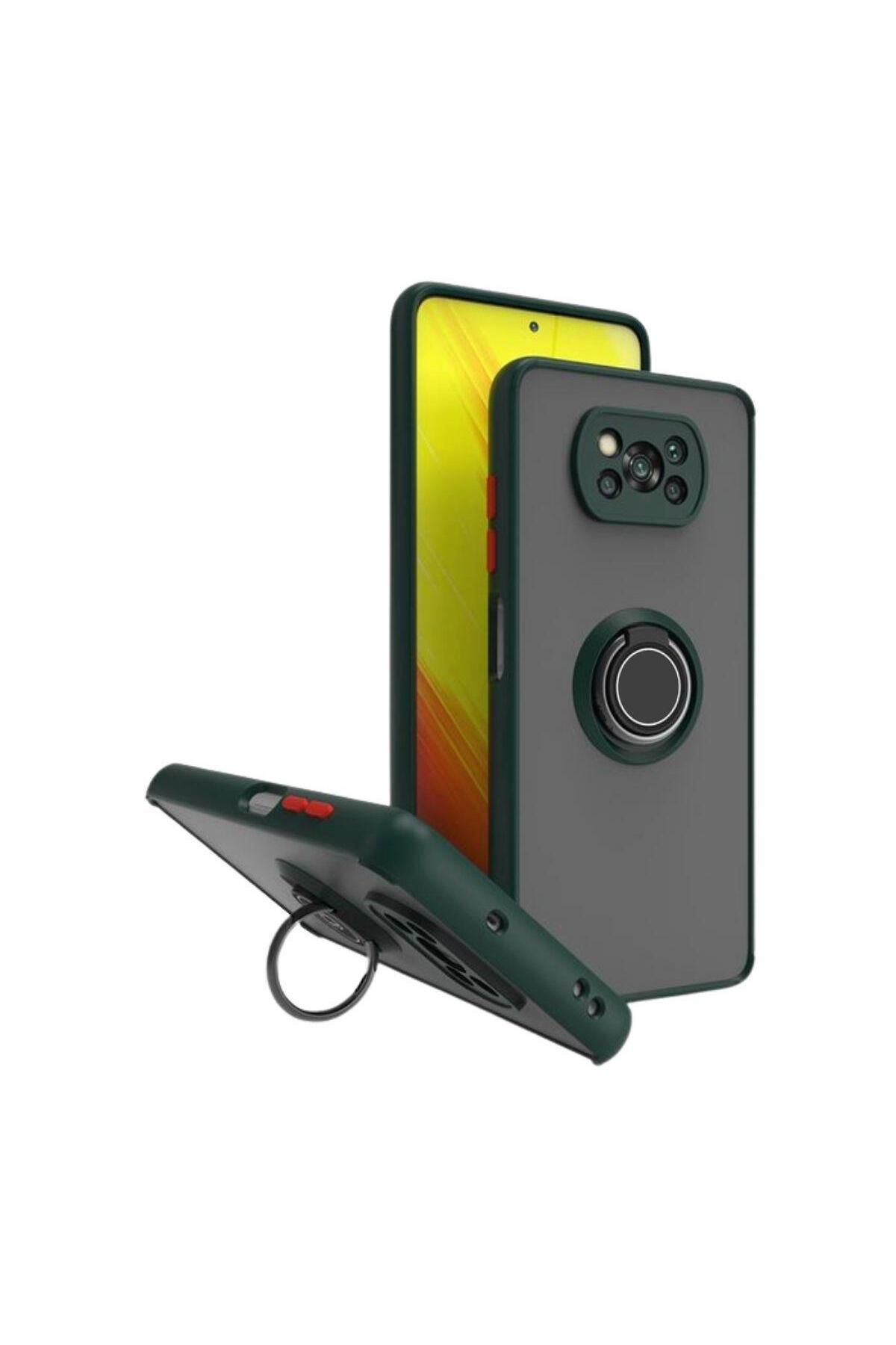 HANPORIUM Poco X3 NFC Uyumlu Kılıf Yüzüklü Standlı Extra Darbe Koruma Sert Silikon Kapak - Yeşil