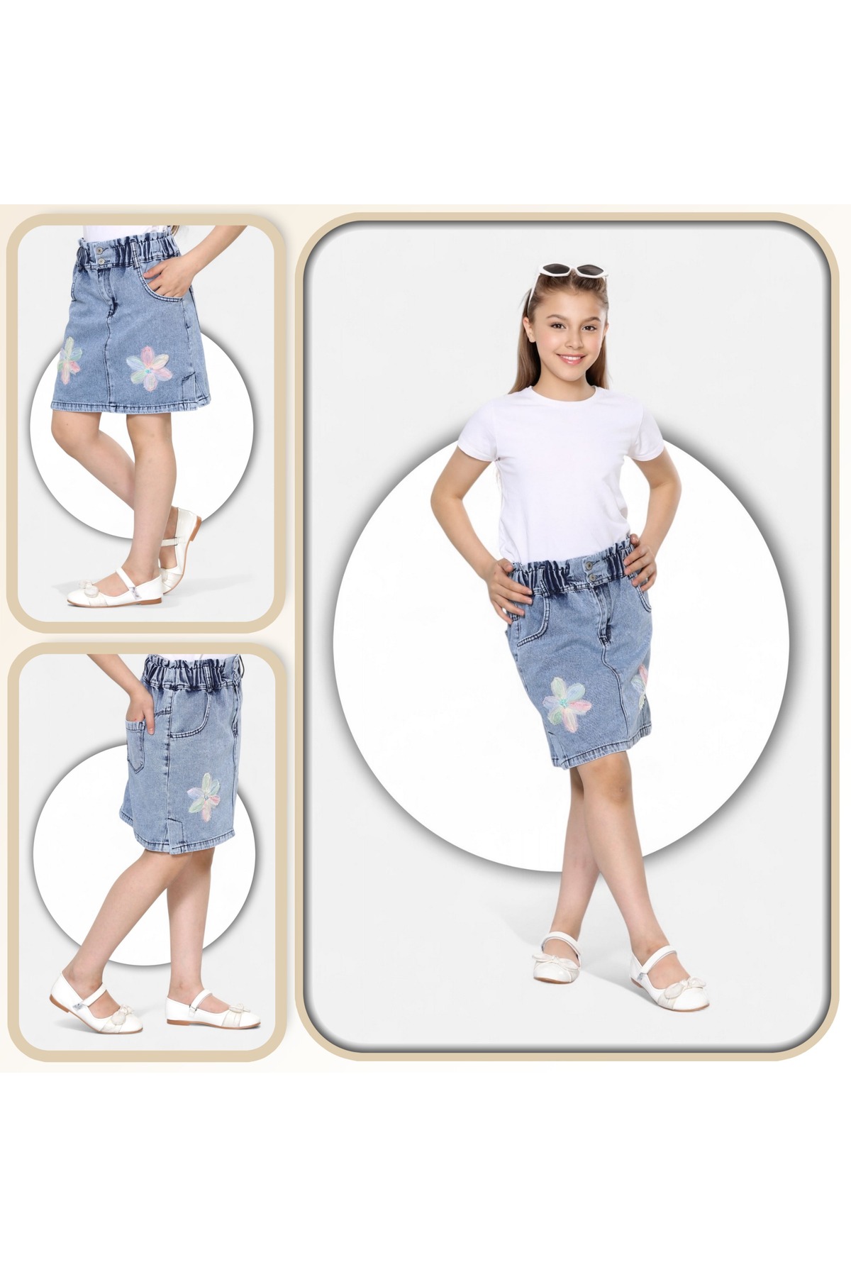 ModiClas  % 100 Pamuk-Yüksek Bel-Çift Düğmeli-Tül Zambak Süslemeli-Taş Yıkamalı-Kız Çocuk Kot Etek