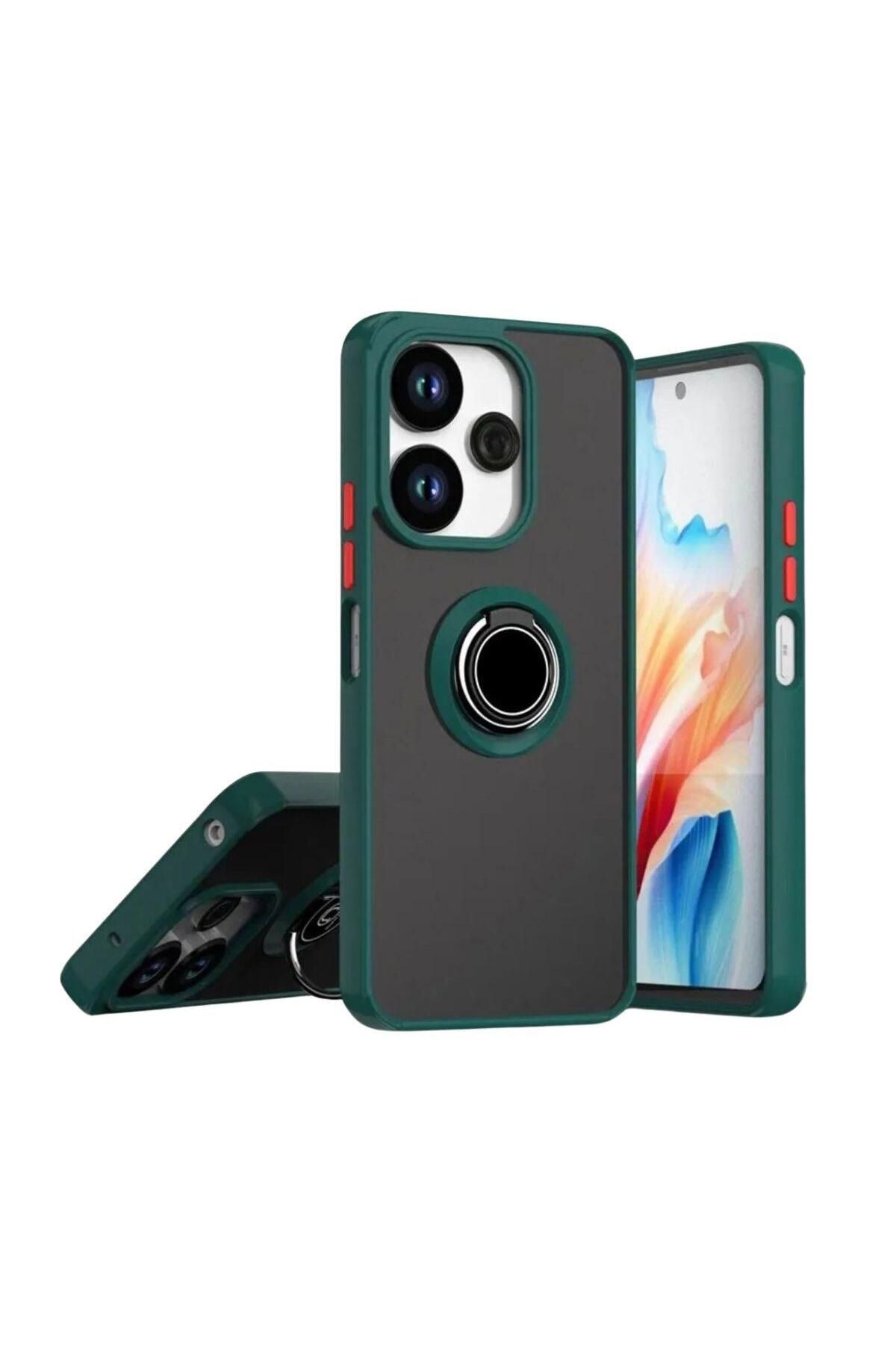 HANPORIUM Redmi Note 14 4G Uyumlu Kılıf Yüzüklü Standlı Extra Darbe Koruma Sert Silikon Kapak - Yeşil