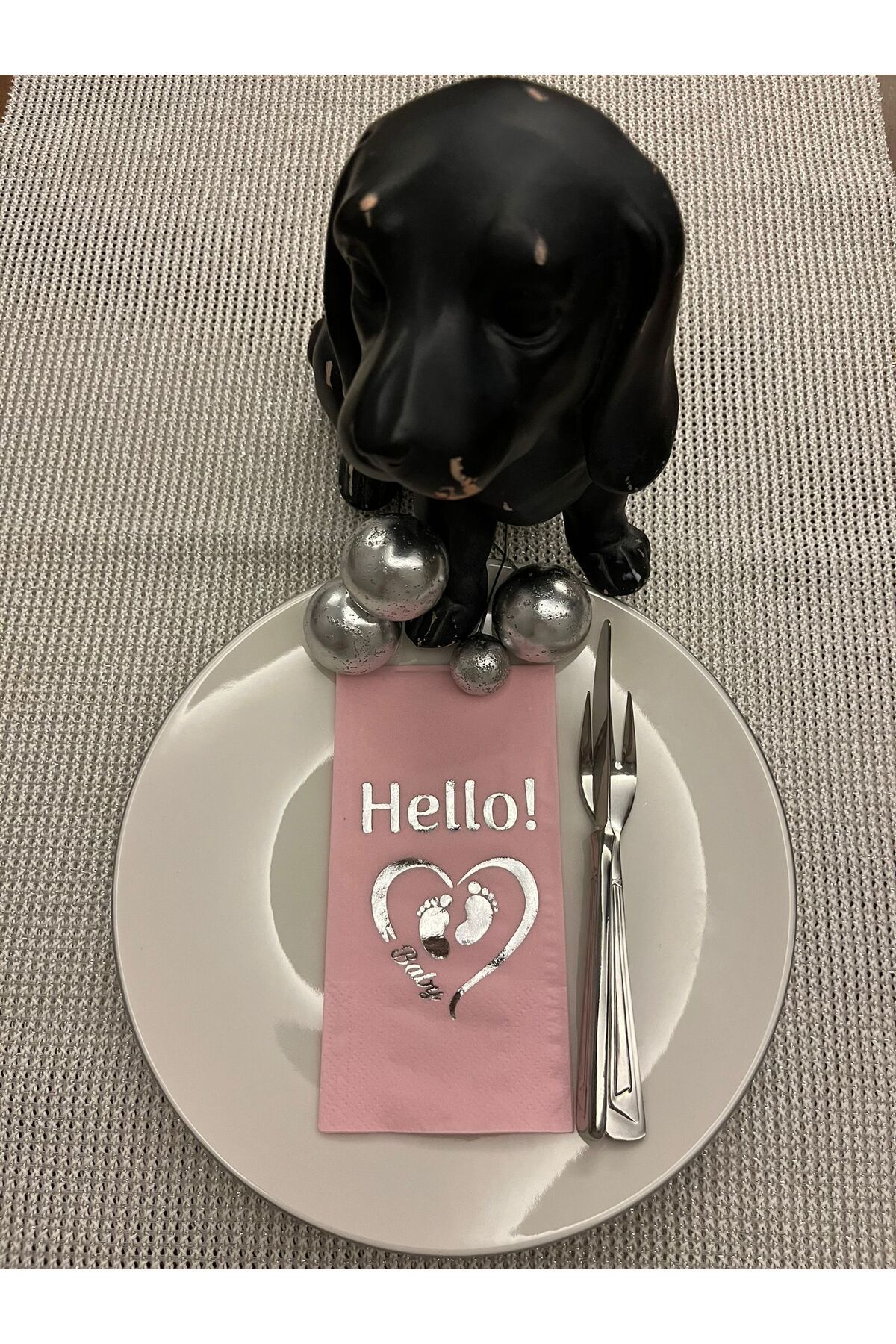 kidspartim Gümüş Yaldızlı Pembe hello Baby Ayaklı Peçete 16 Adet