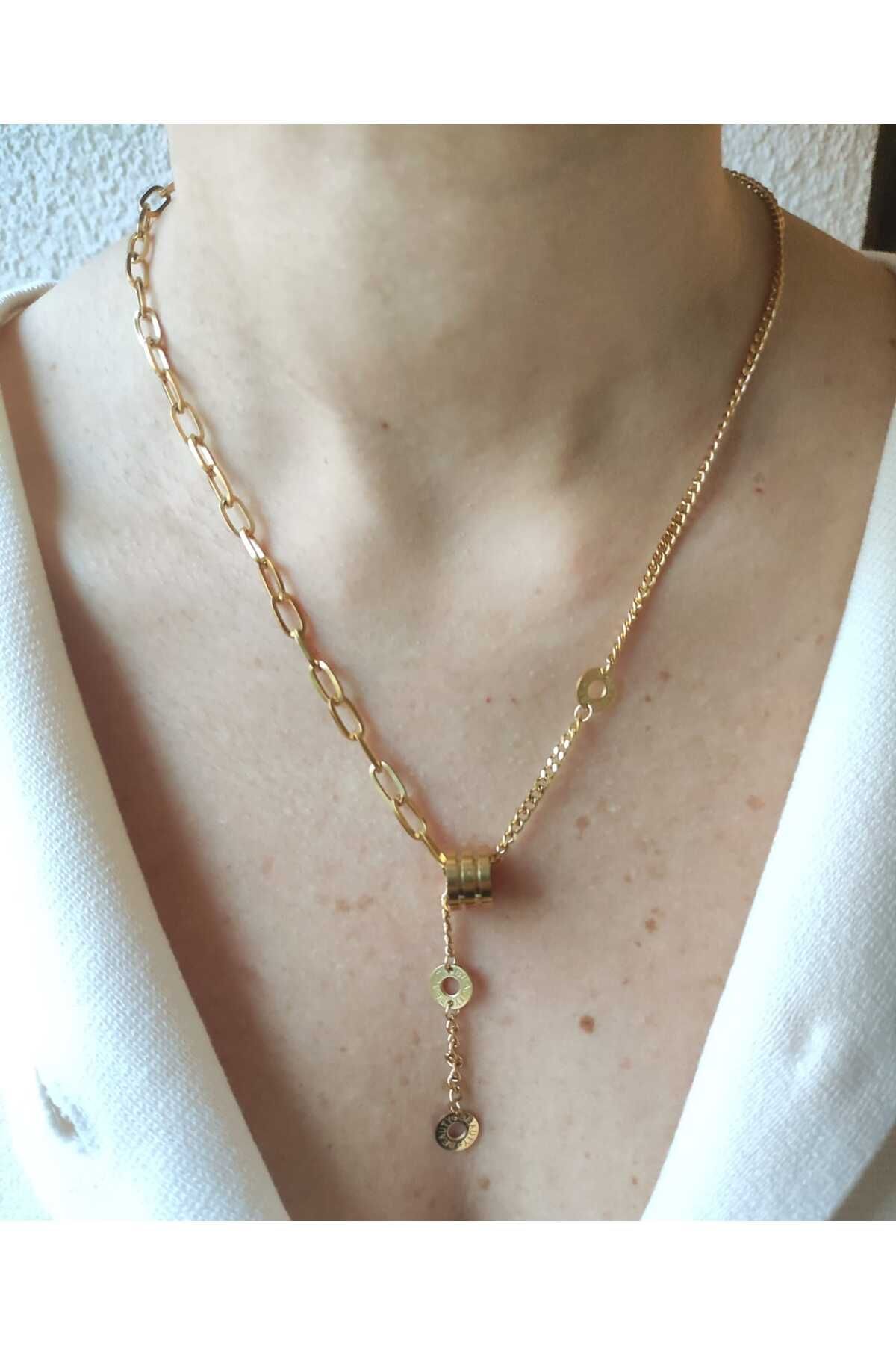 MoS JEWELLERY Gold Renk Halka ve Zincir Detaylı Asimetrik Kolye - Paslanmaz Çelik