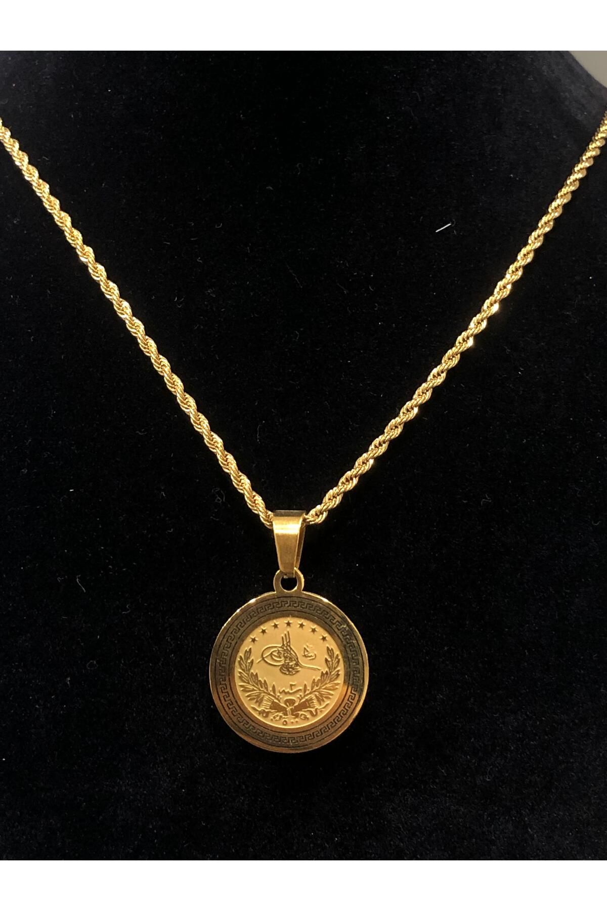 Bijutek Paslanmaz Çelik Gold Taşlı İncili İşlemeli - Desenli Kadın Kolye