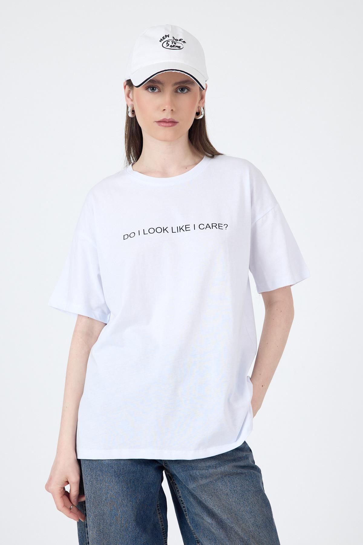 Rays Beyaz Yazı Baskılı Oversize Pamuklu Tişört 2150-5M