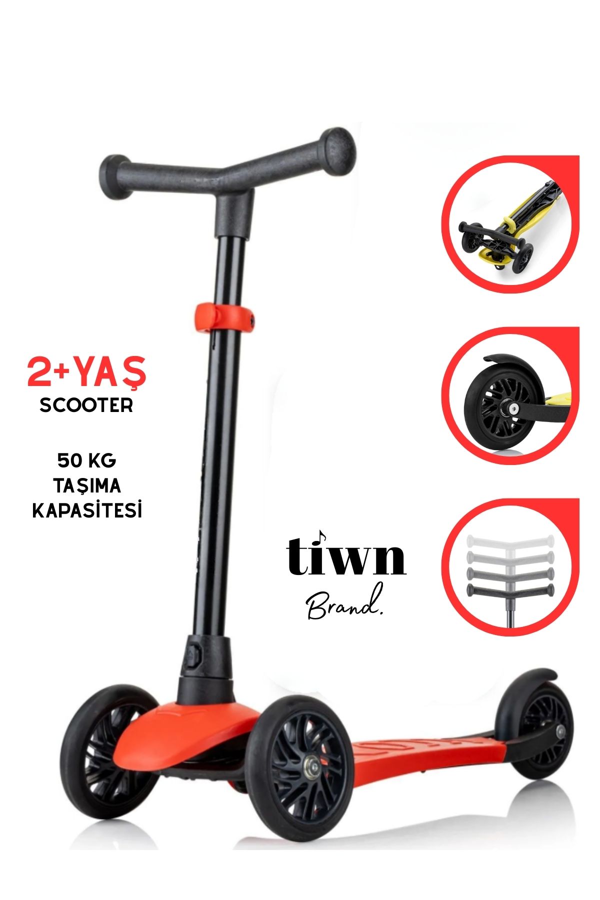 Tiwn Brand 3 Tekerlekli Çocuk Scooter – Ayarlanabilir Gidonlu, 2 Yaş ve Üzeri – 50 Kg Taşıma Kapasiteli