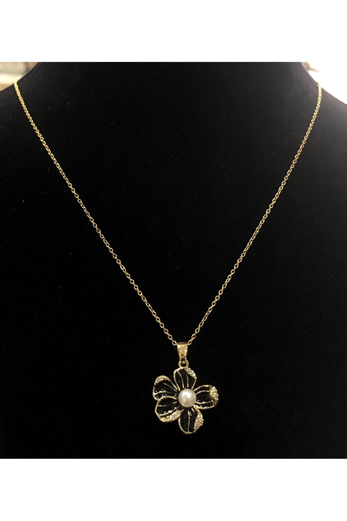 Bijutek Paslanmaz Çelik Gold Taşlı İncili İşlemeli - Desenli Kadın Kolye