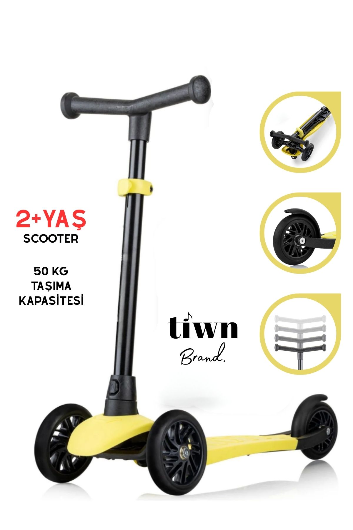 Tiwn Brand 3 Tekerlekli Çocuk Scooter – Ayarlanabilir Gidonlu, 2 Yaş ve Üzeri – 50 Kg Taşıma Kapasiteli