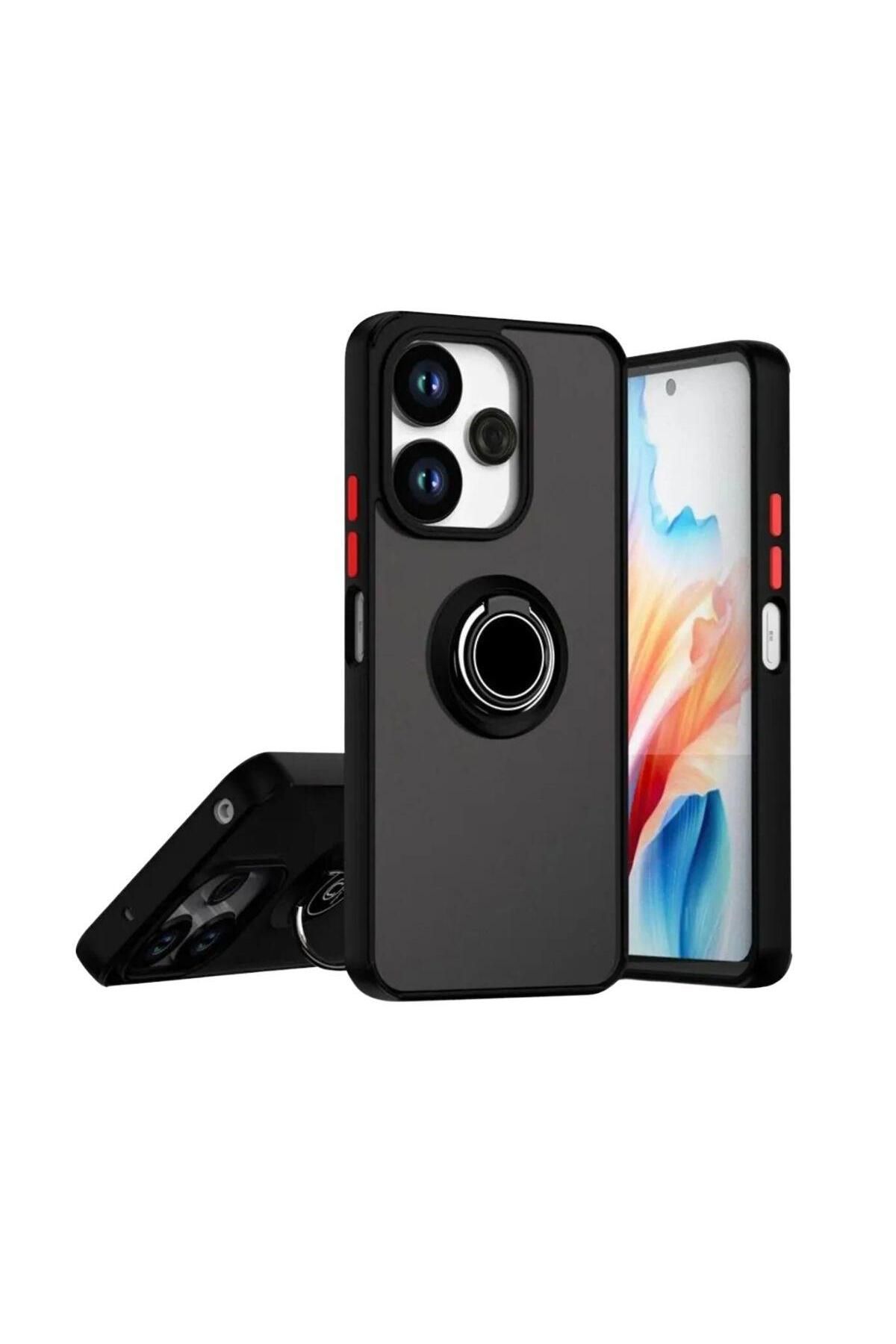 HANPORIUM Redmi Note 14 4G Uyumlu Kılıf Yüzüklü Standlı Extra Darbe Koruma Sert Silikon Kapak - Siyah