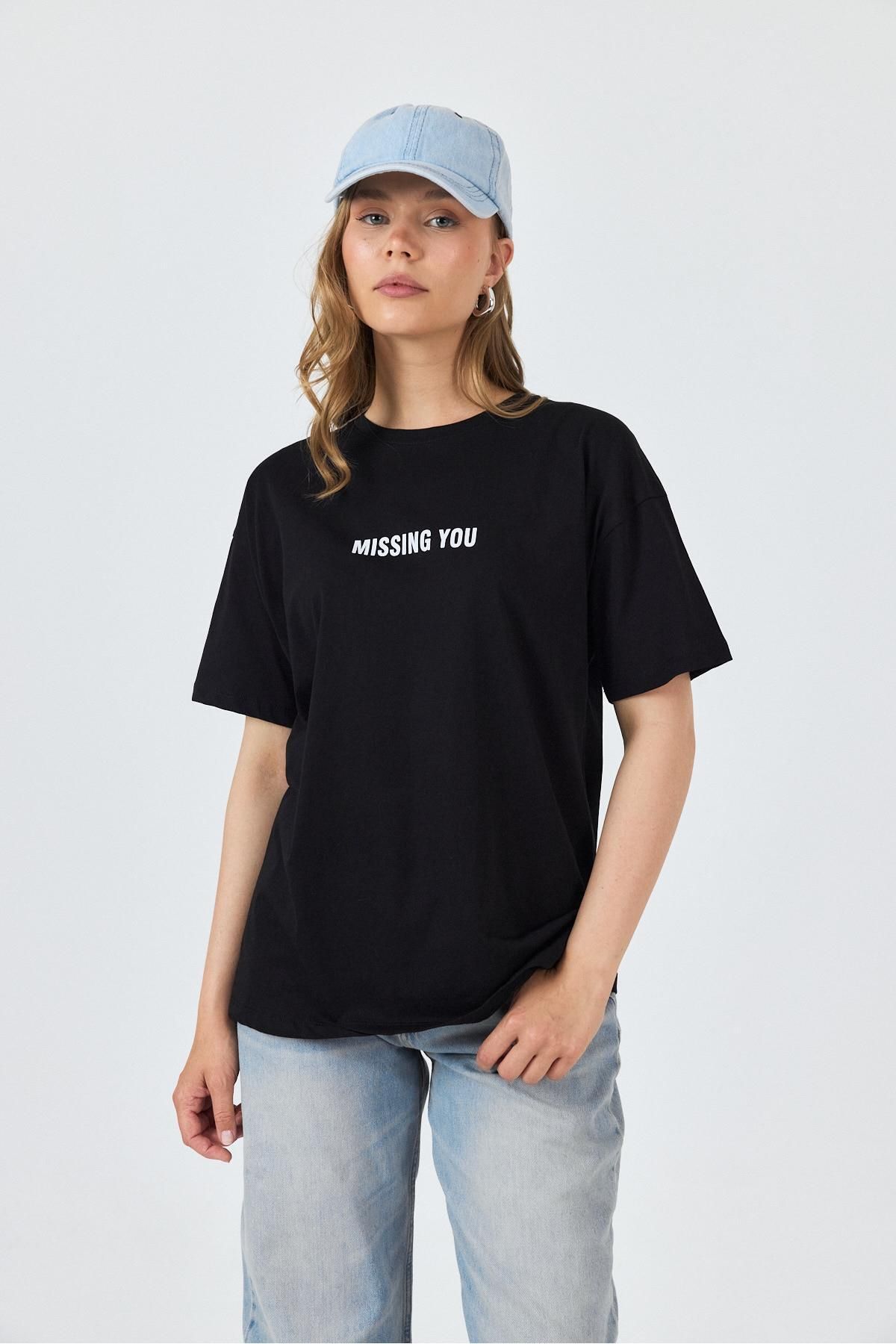 Rays Siyah Yazı Baskılı Pamuklu Oversize Tişört 2150-6M