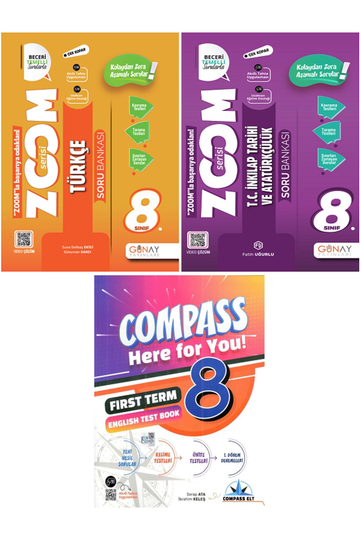 Efsane Yayınları 8.Sınıf Günay Zoom Türkçe + İnkılap Tarihi Soru Bankası + Compass İngilizce Test Book HEDİYE -3KİTAP
