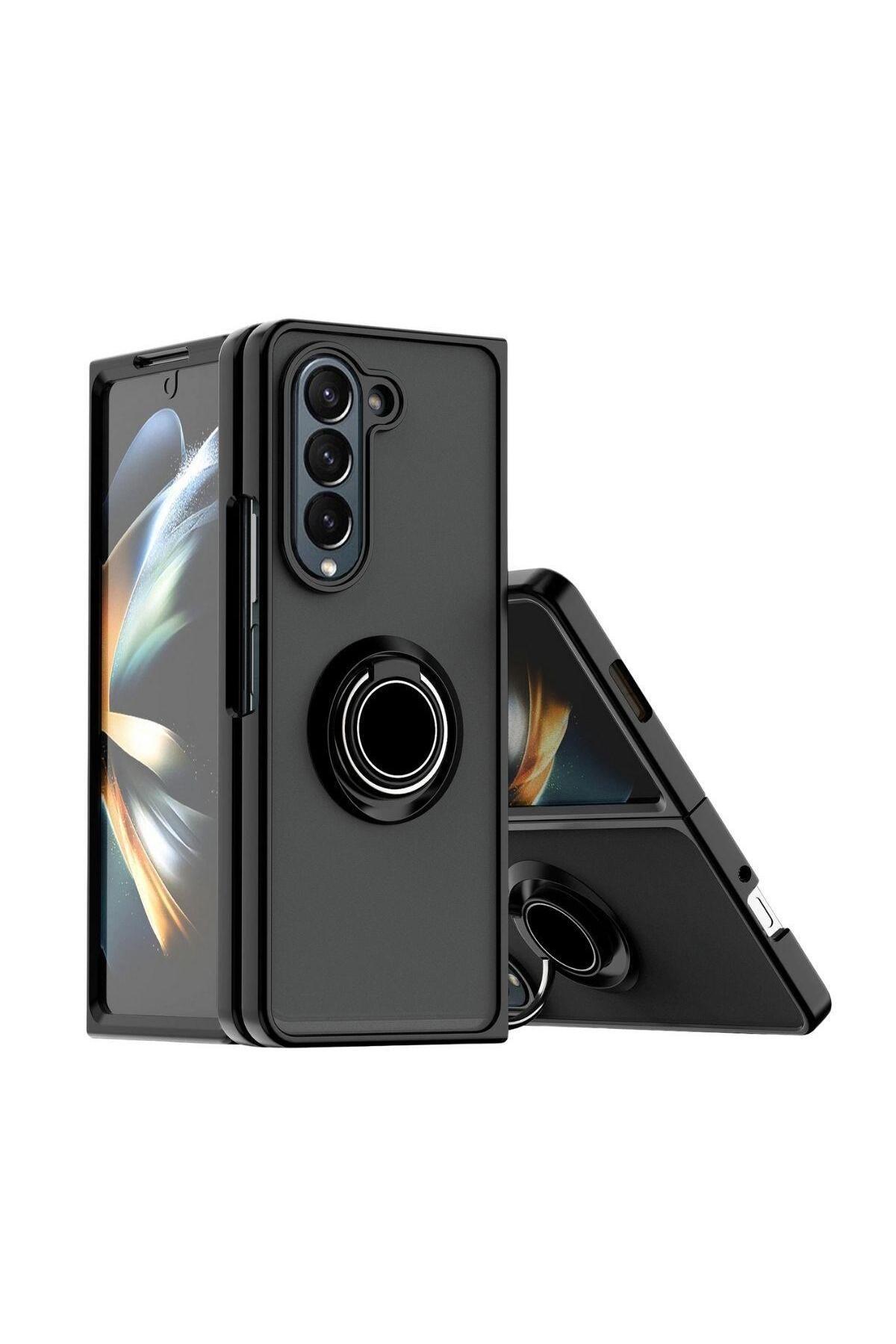 HANPORIUM Samsung Galaxy Z Fold 3 Uyumlu Kılıf Yüzüklü Standlı Extra Darbe Koruma Sert Silikon Kapak-Siyah