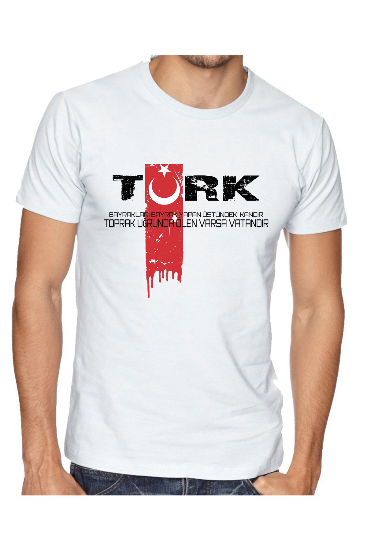 Alfa Türk Bayrak Baskılı Tişört Beyaz