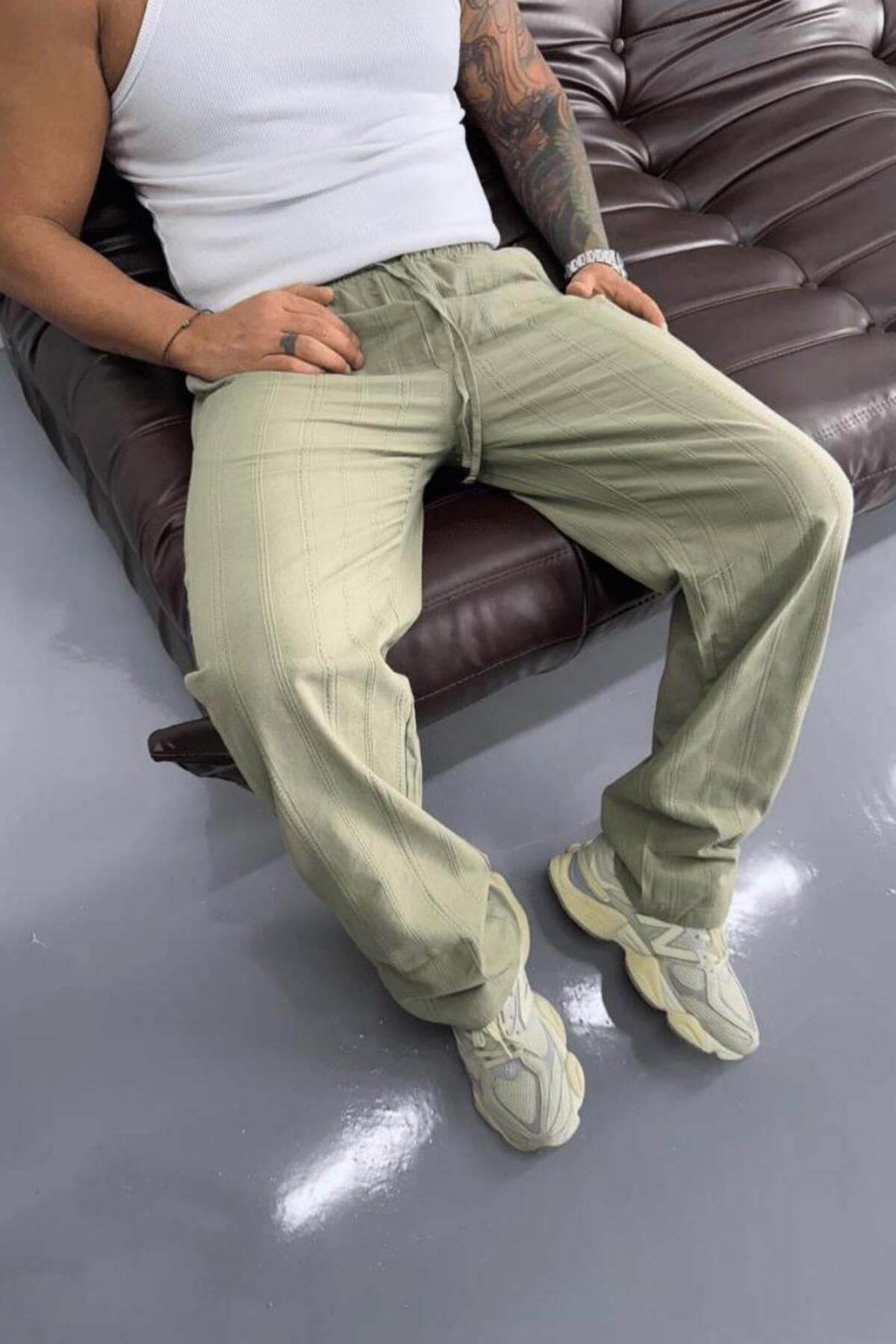 Z1MAN Çizgili Yüksek Kalite Haki Keten Baggy Pantolon