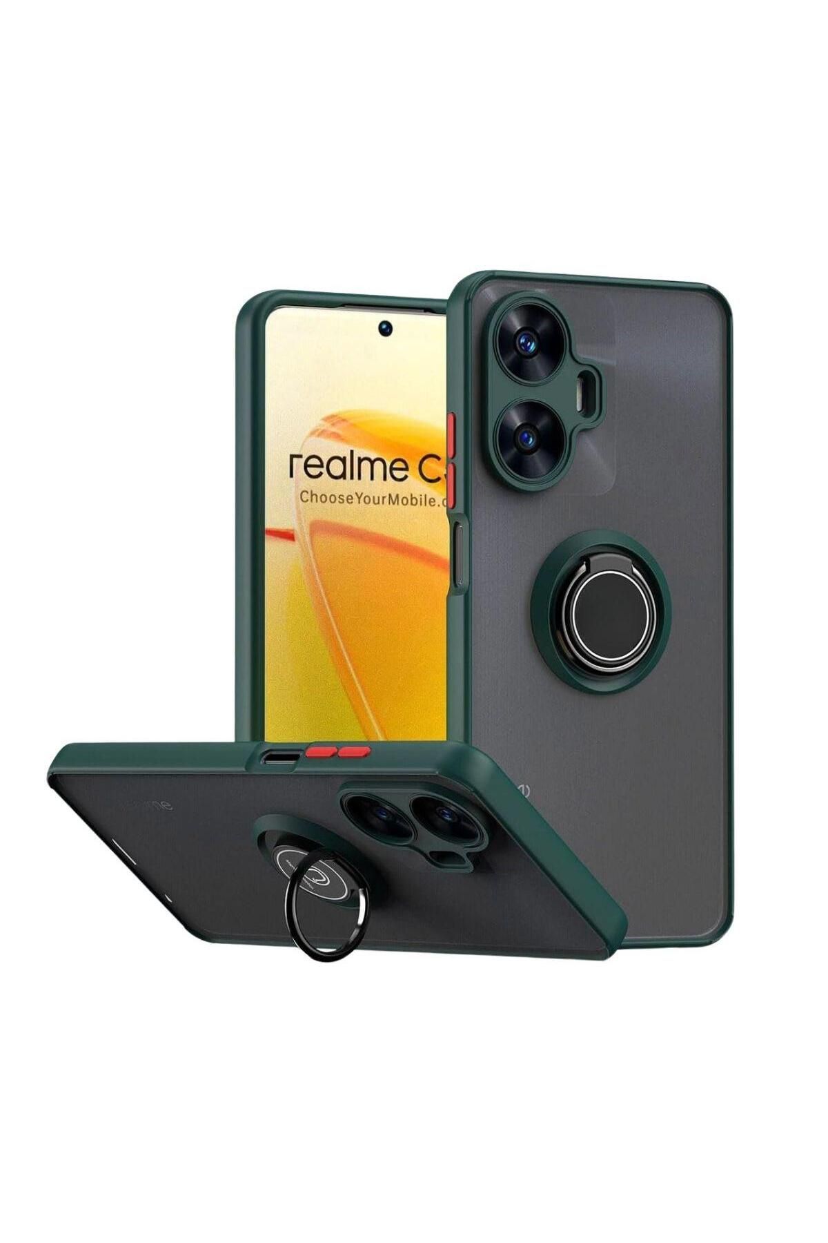 HANPORIUM Realme C55 Uyumlu Kılıf Yüzüklü Standlı Extra Darbe Koruma Sert Silikon Kapak - Yeşil