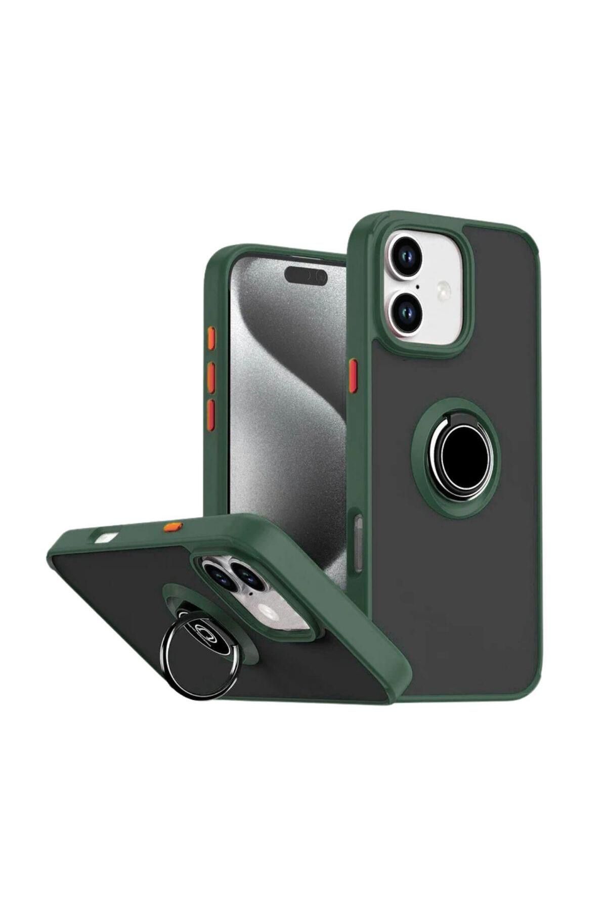 HANPORIUM Apple iPhone 16 Uyumlu Kılıf Yüzüklü Standlı Extra Darbe Koruma Sert Silikon Kapak - Yeşil