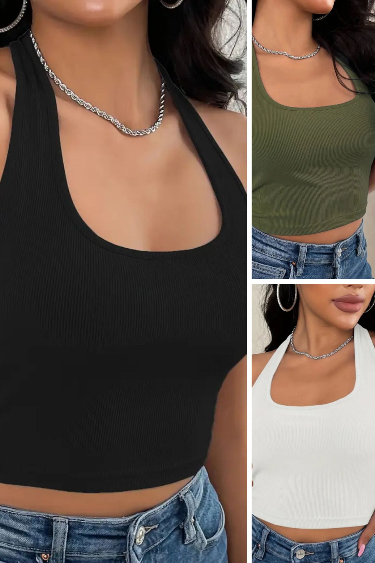 YESENİA Kadın 3'lü Boyundan Askılı Sırt Dekolteli Fitilli Kaşkorse Crop Atlet