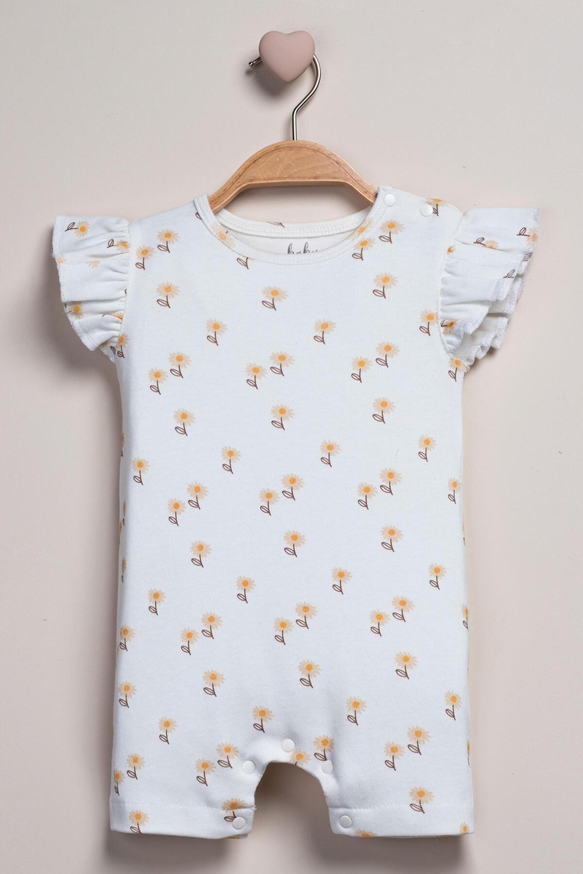 Mini Ropa-100% Cotton Daisy Patterned Summer Baby Romper – Short Sleeve, Ruffled Sleeve, Snap Fastener 1
