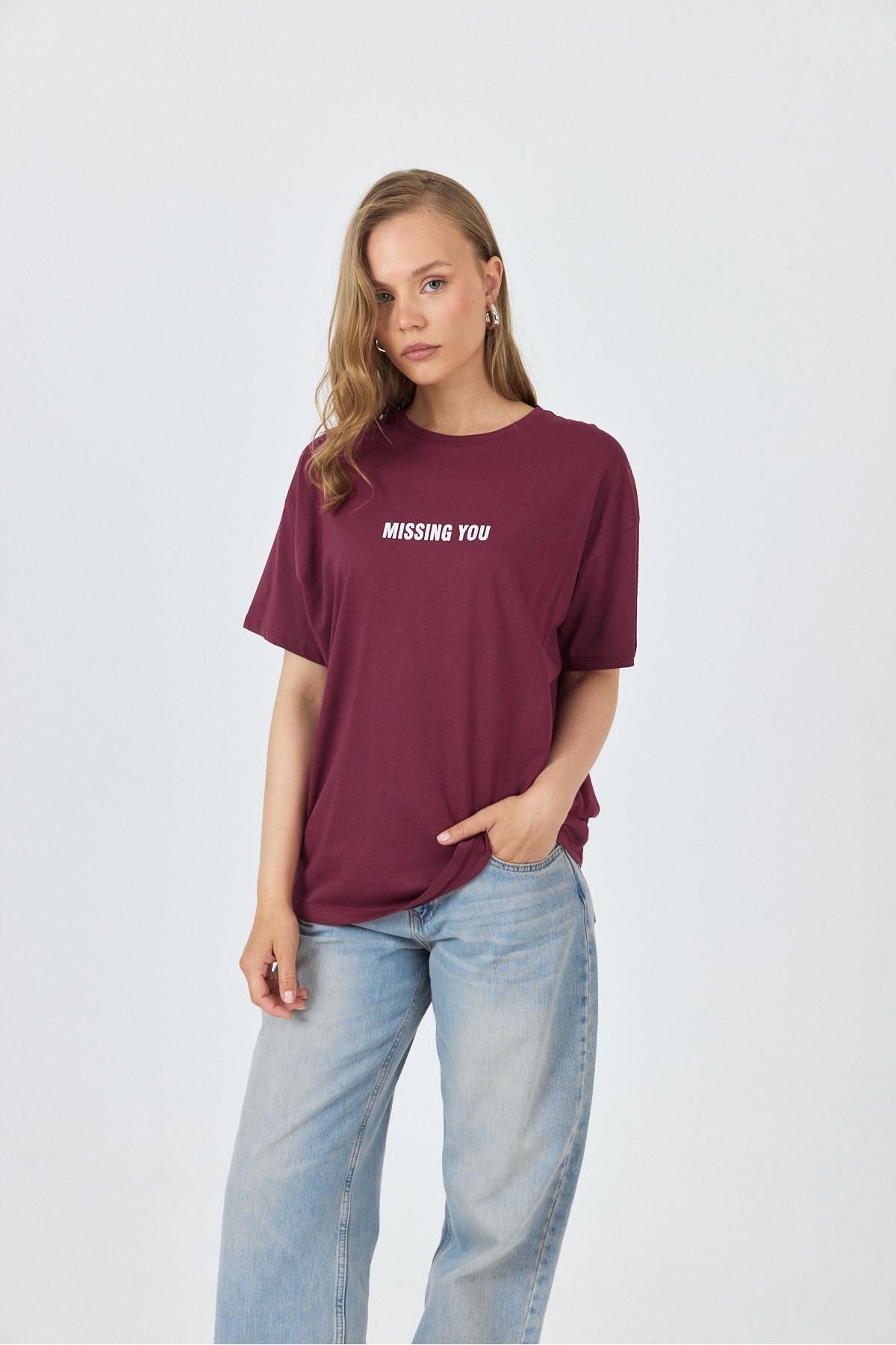 Rays Bordo Yazı Baskılı Pamuklu Oversize Tişört 2150-6M