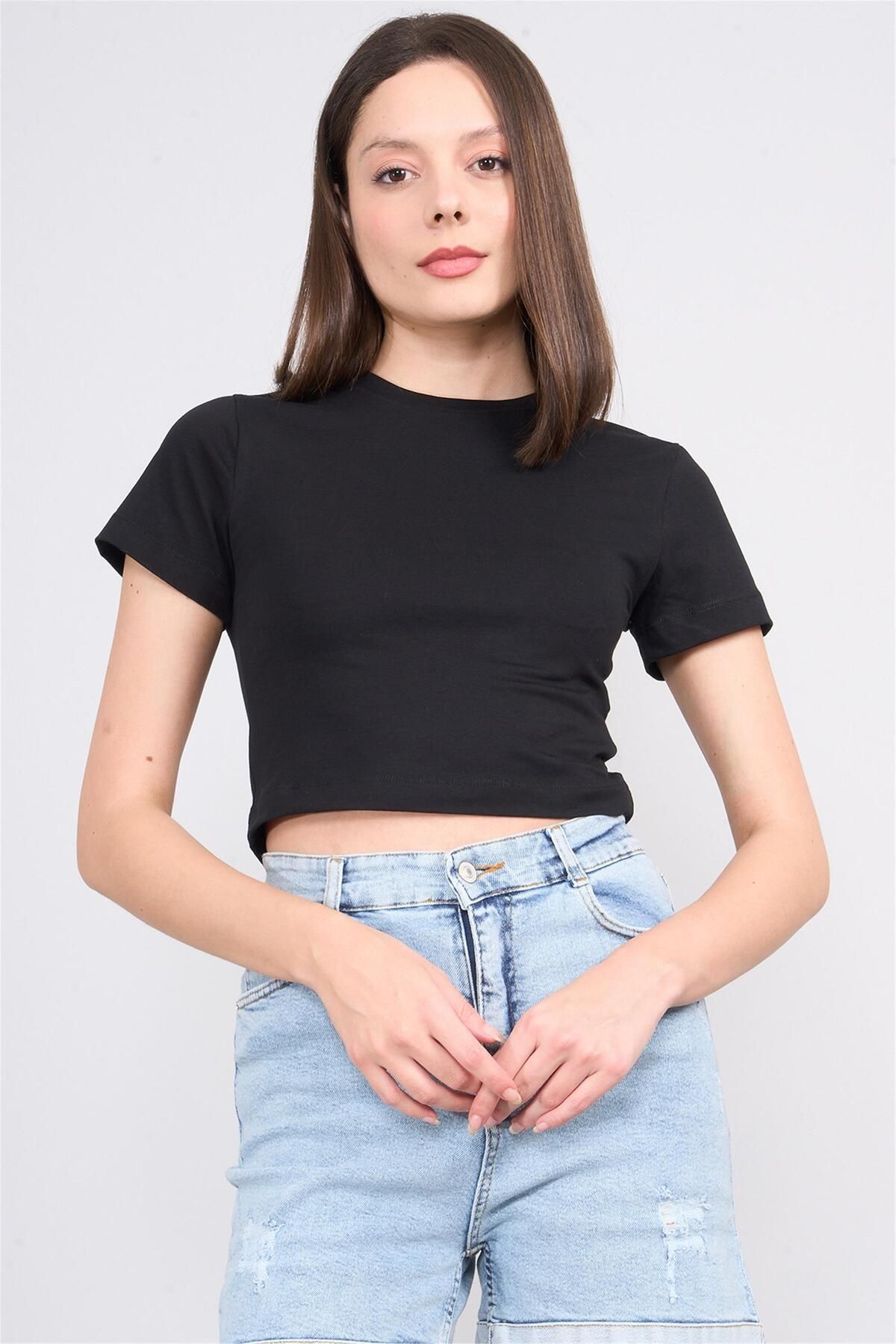 FİTHİT Çetinkaya Fithit 8510 Bisiklet Yaka 30/1 Likralı Süprem Crop T-shirt Siyah