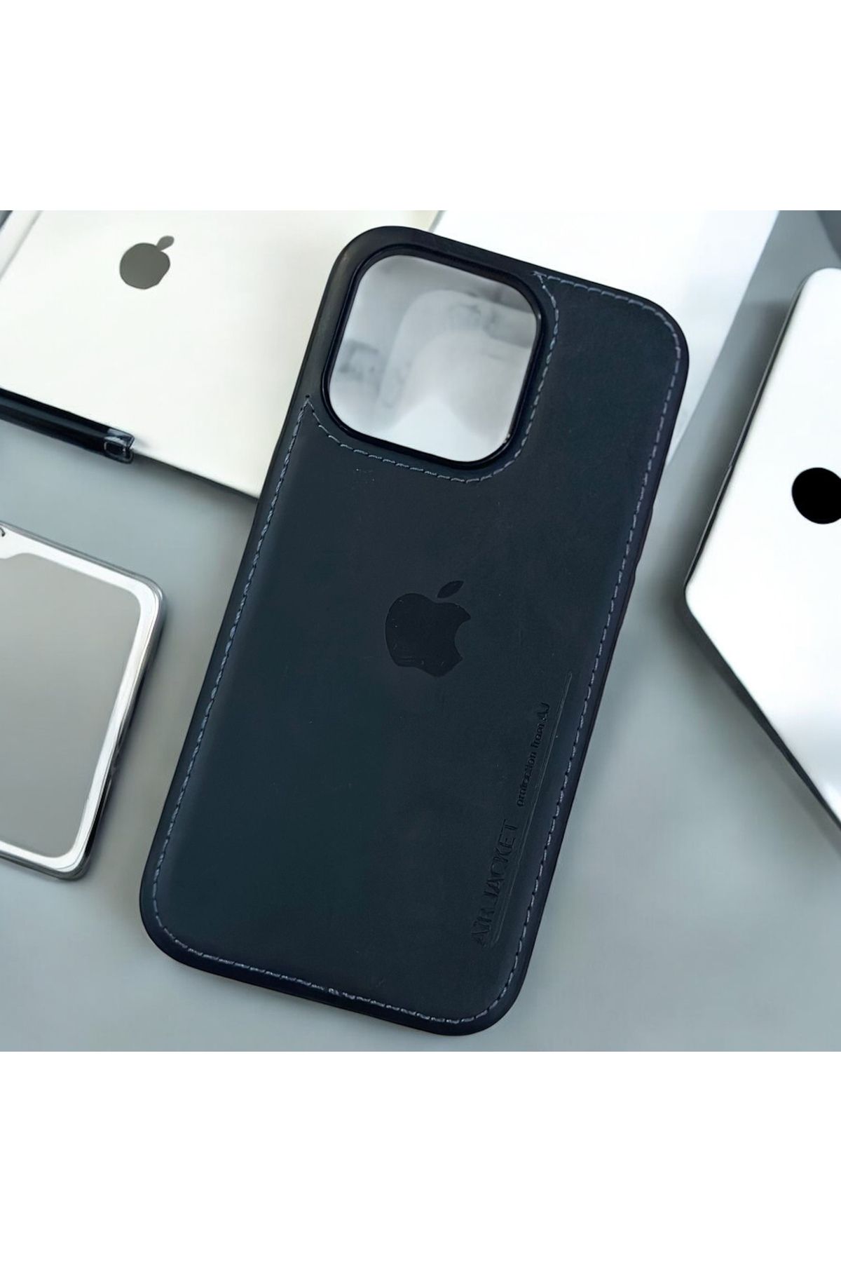 shop İPhone 14 Pro Deri Logolu İçi Kadife Telefon Kılıfı