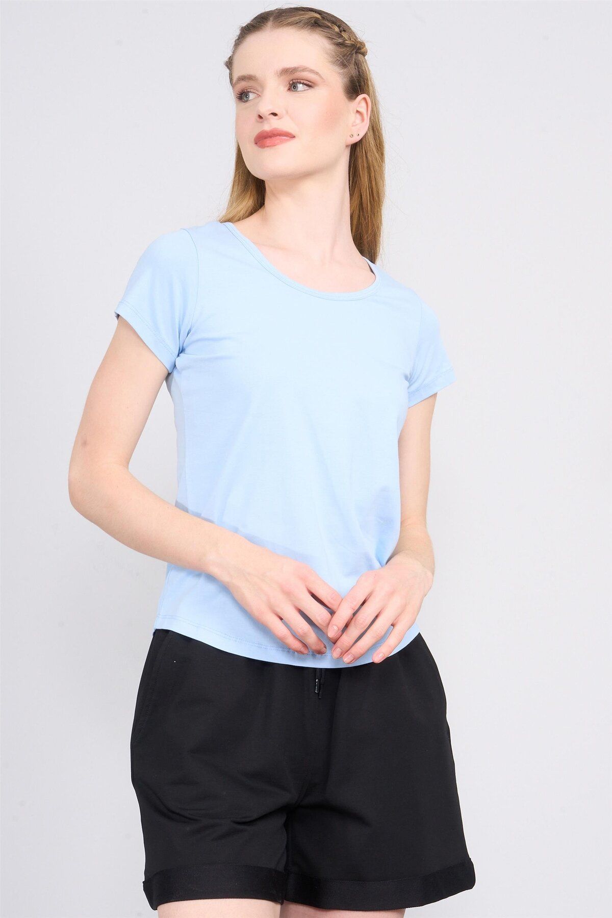 FİTHİT Çetinkaya Fithit 8461 30/1 Compact Penye Süprem Spagetti Detaylı T-shirt Açık Mavi