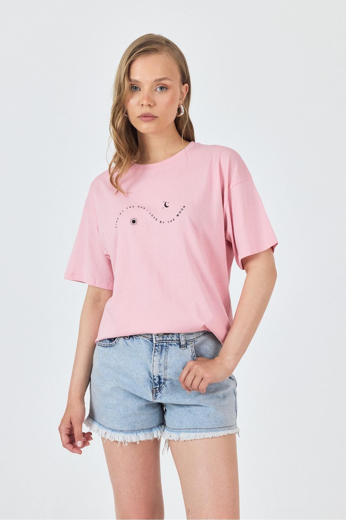 Rays Pembe Yazı Baskılı Oversize Pamuklu Tişört 2150-32M