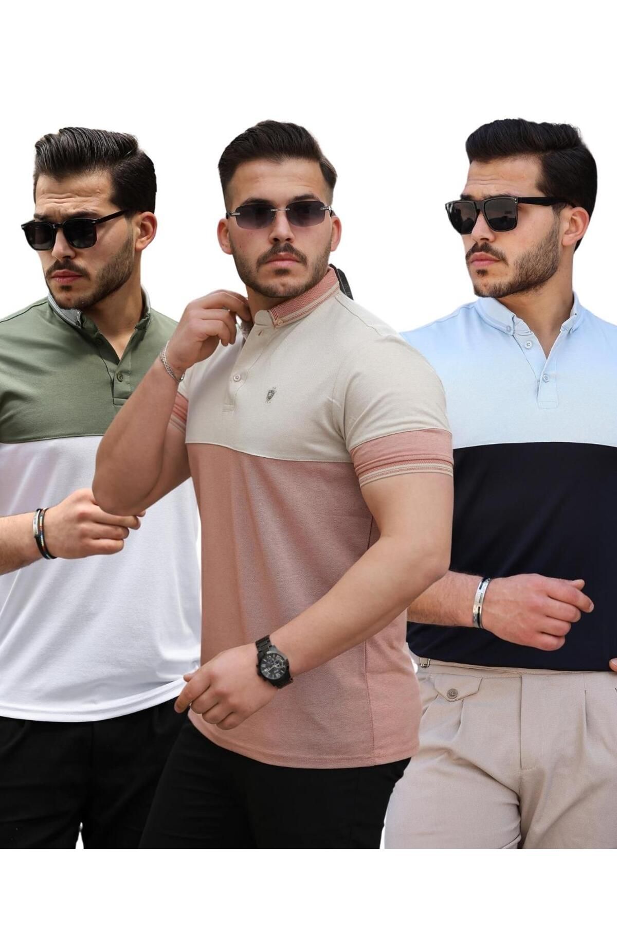 Miron Kiremit Haki Buz Mavisi Ston Parçalı Üçlü Paket Polo Yaka Kısa Kollu Tişört- 2521