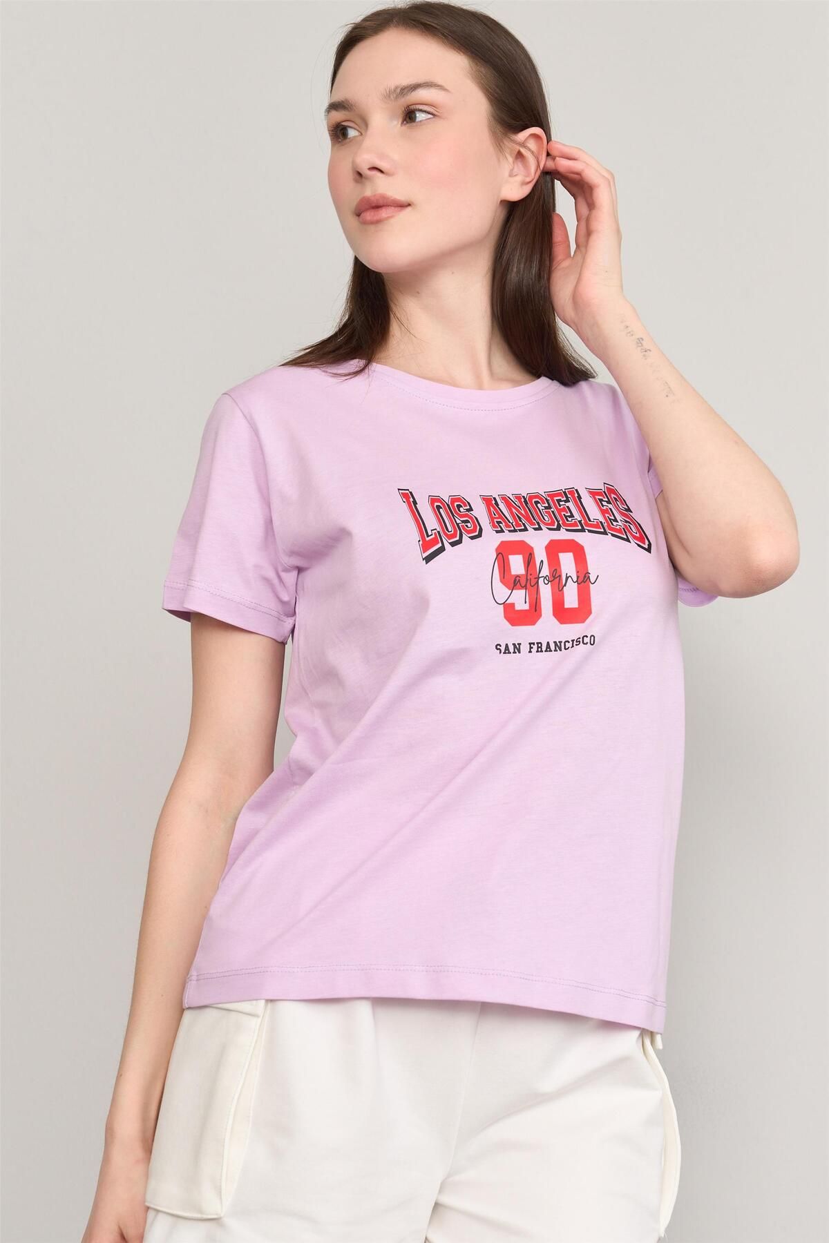 FİTHİT Çetinkaya Fithit 8474 Bisiklet Yaka 30/1 Compact Penye Süprem Baskılı T-shirt Lila