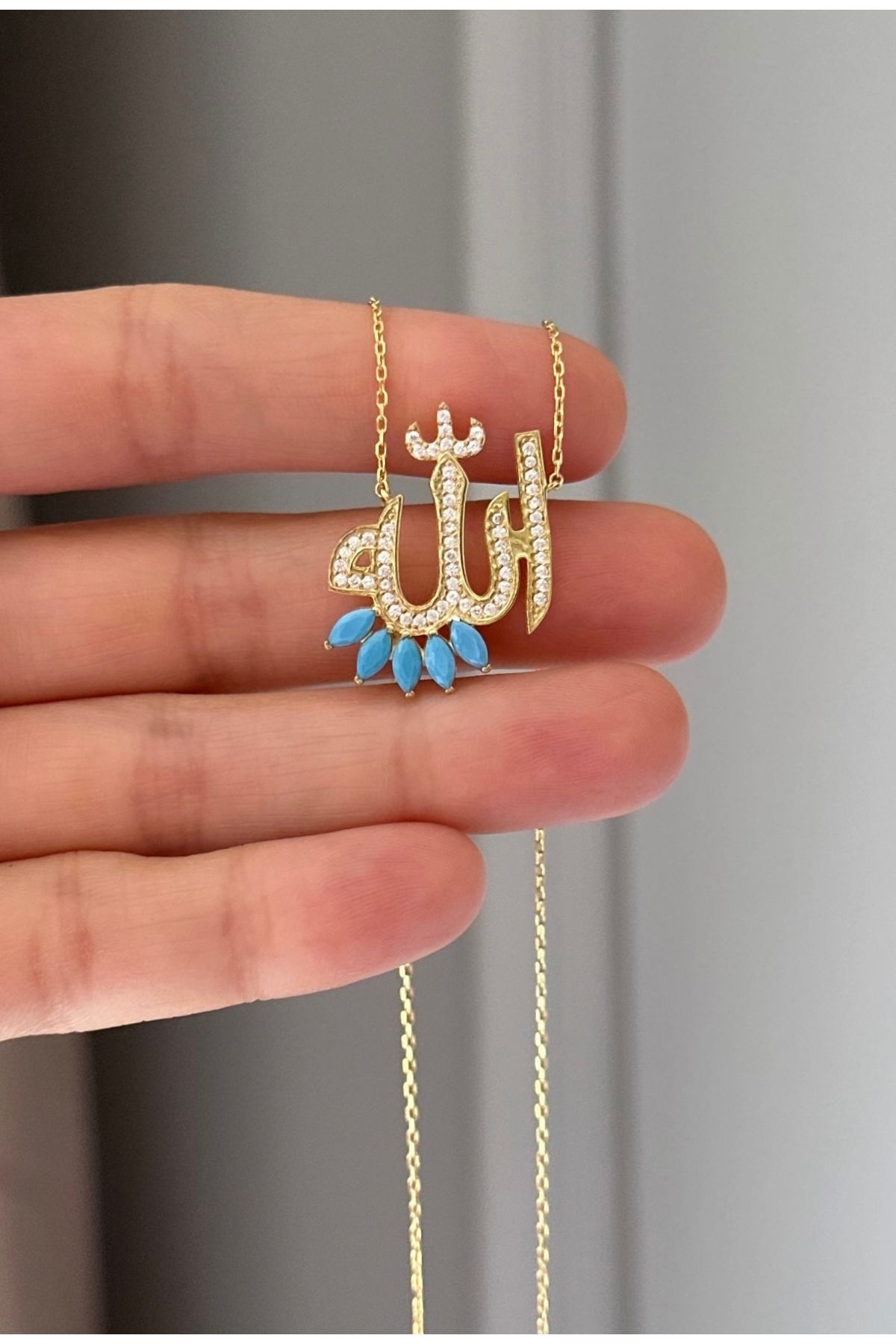 emy by emel luxury silver jewelry Altın Kaplama Turkuaz Taşlı Allah Lafzı Kolye 925 Ayar Gümüş