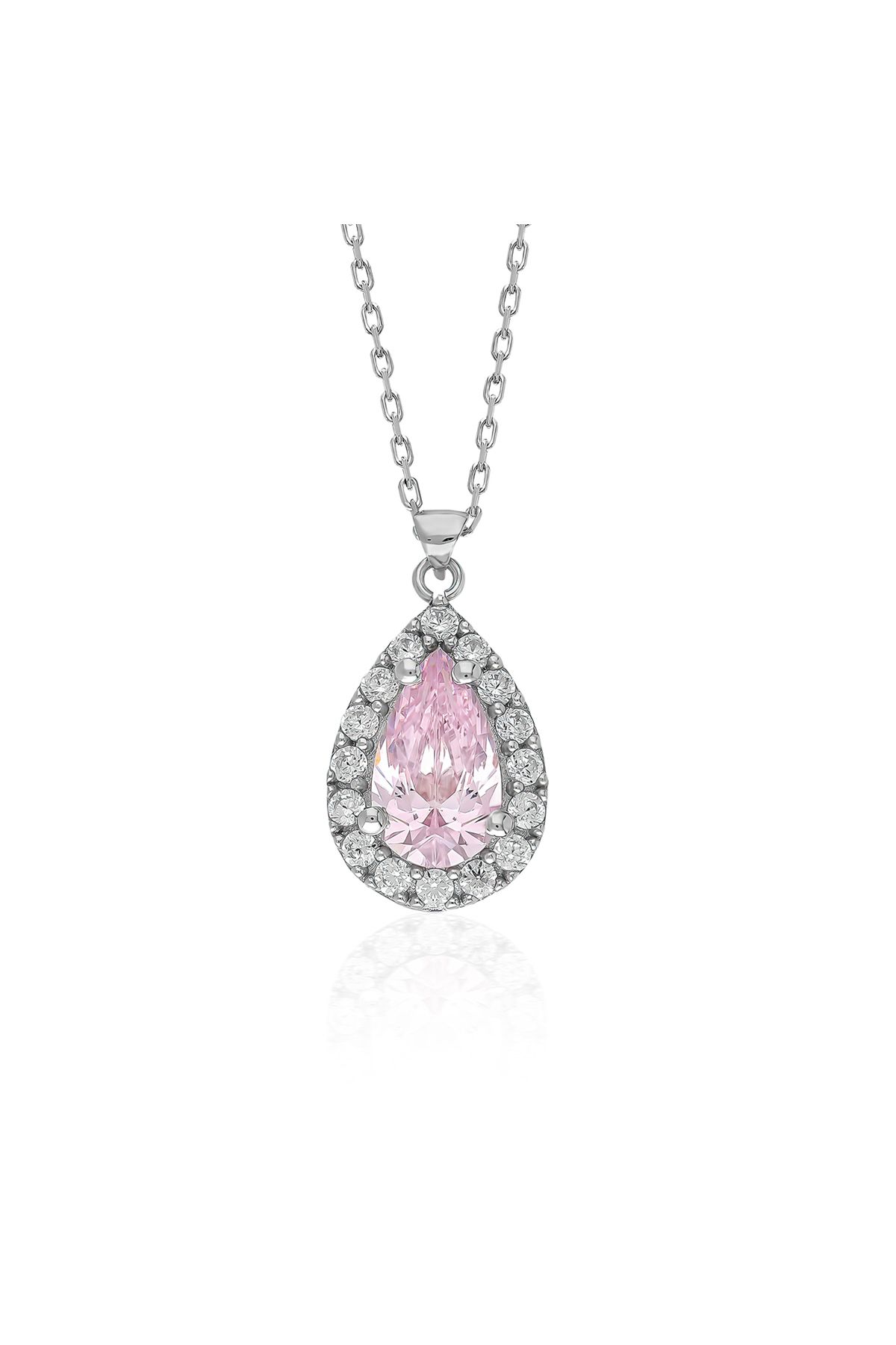 Blainedor Svarowski Zirconia Tam Tur Damla Tek Taş Pink Kadın Kolye | 925K Gerçek Gümüş