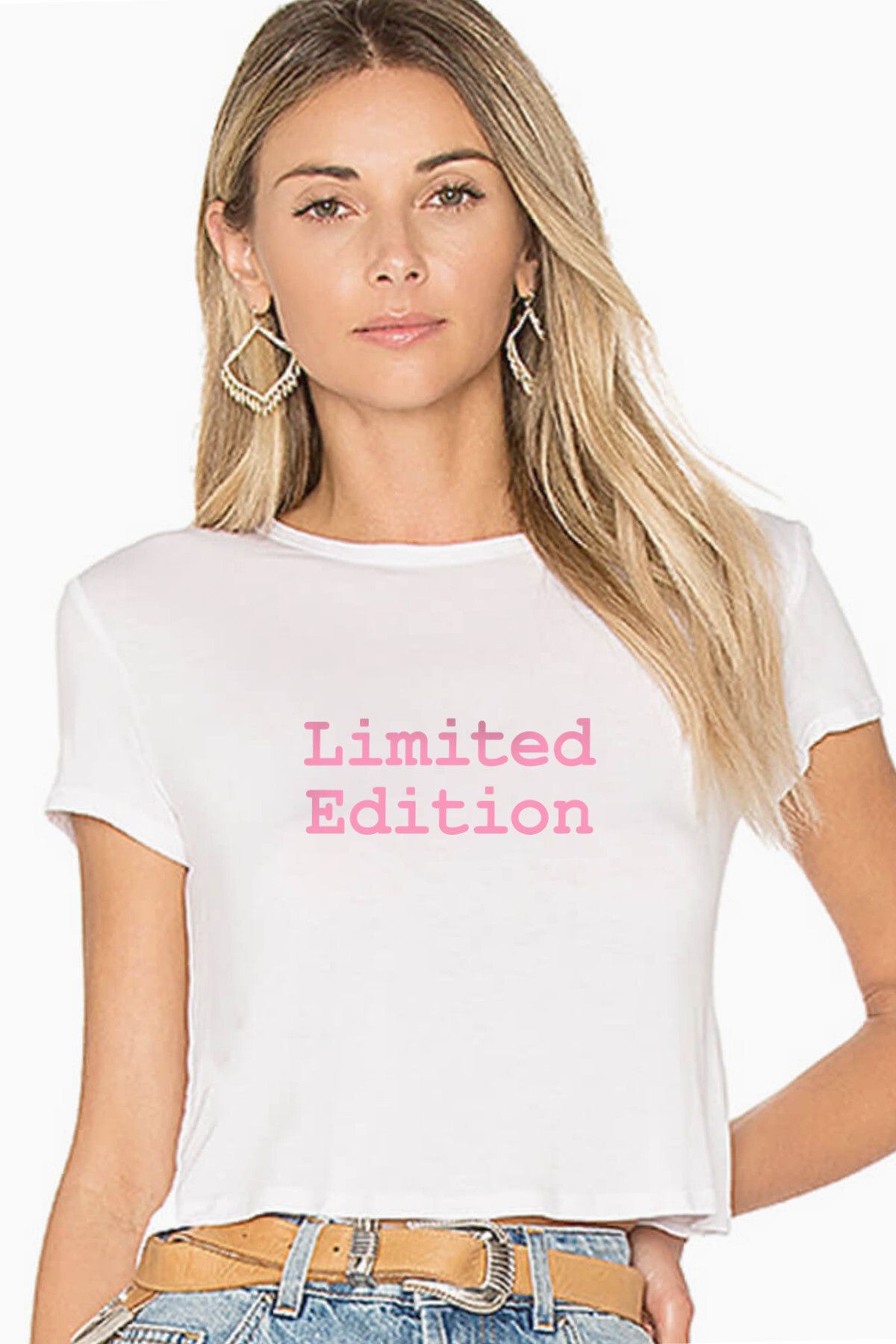 ROCKANDROLL Sınırlı Üretim Beyaz Kısa, Kesik Crop Top Kadın T-shirt