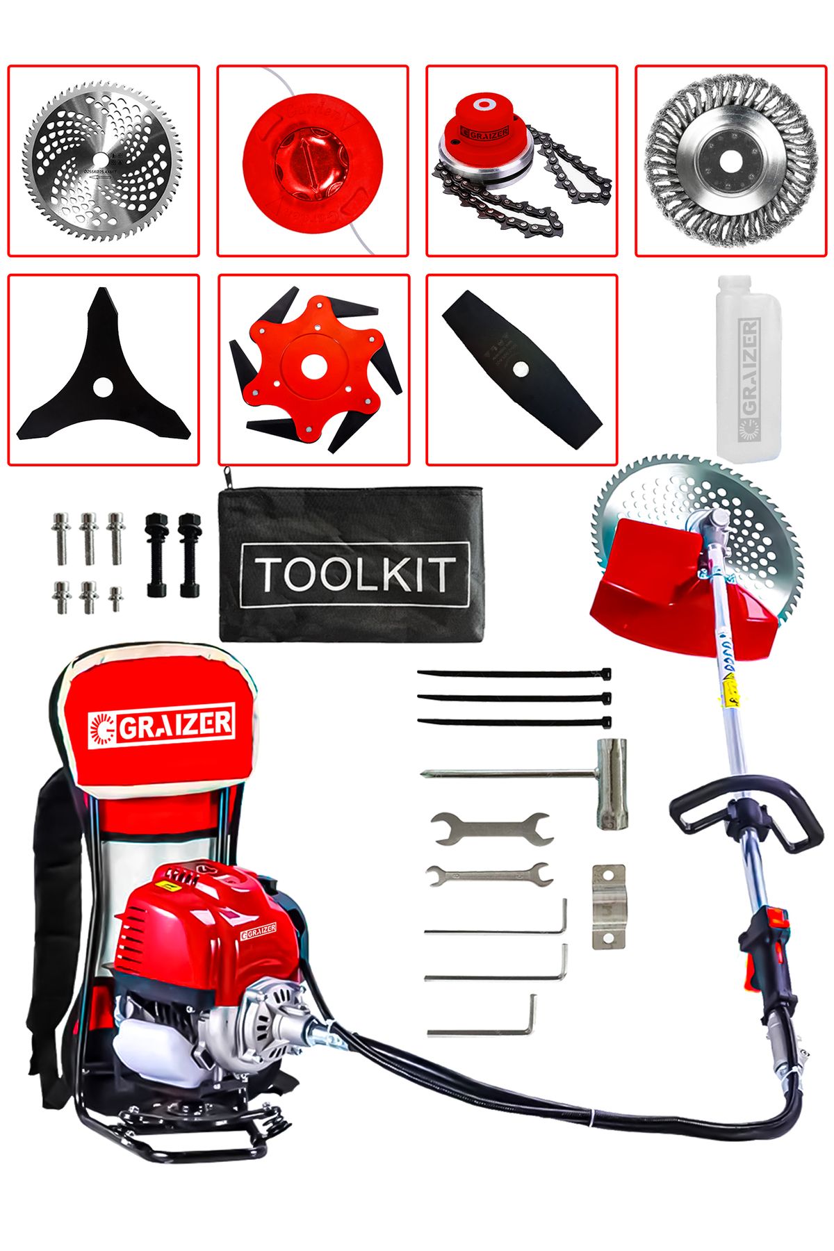 Graizer Powerforge 7 Başlıklı Set Sırt Tipi Benzinli Motorlu Ot Çalı Tırpanı Çim Biçme Makinesi Tırpan-Krmz