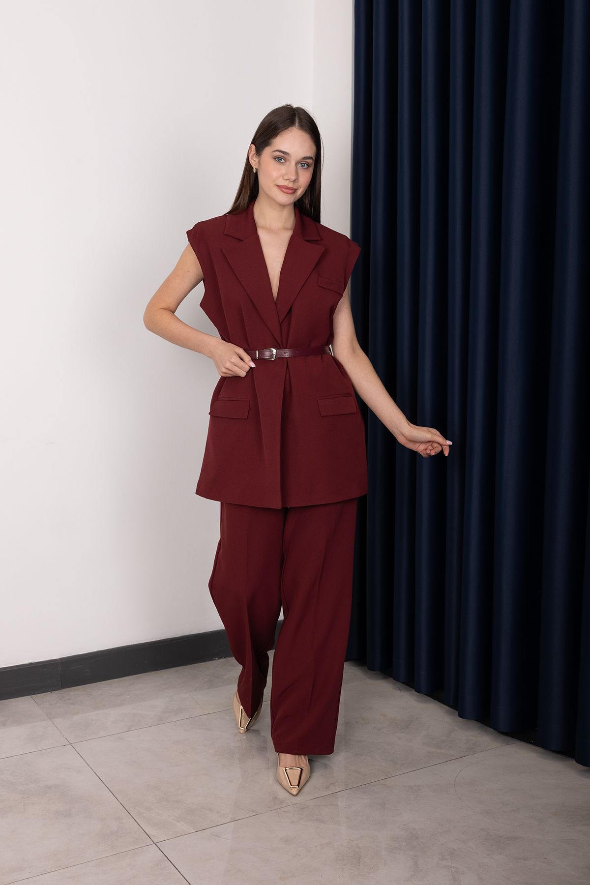 stilsepeti Kadın Bordo Premium Kruvaze Yaka Astarlı Kemerli Uzun Blazer Yelek Pantolon Takım DRL-10007855710