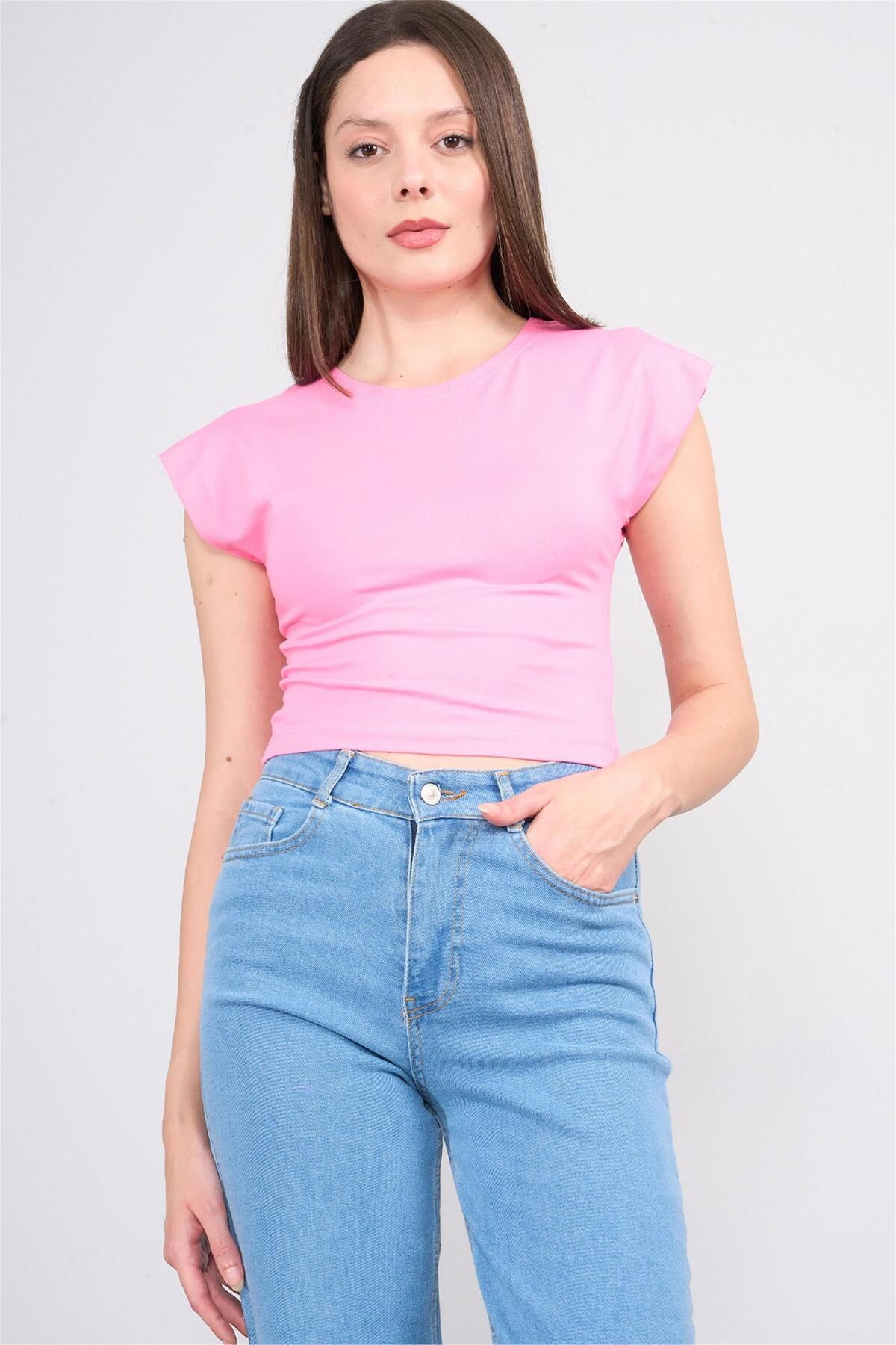 FİTHİT Çetinkaya Fithit 8503 Bisiklet Yaka 30/1 Likralı Süprem Crop T-shirt Pembe