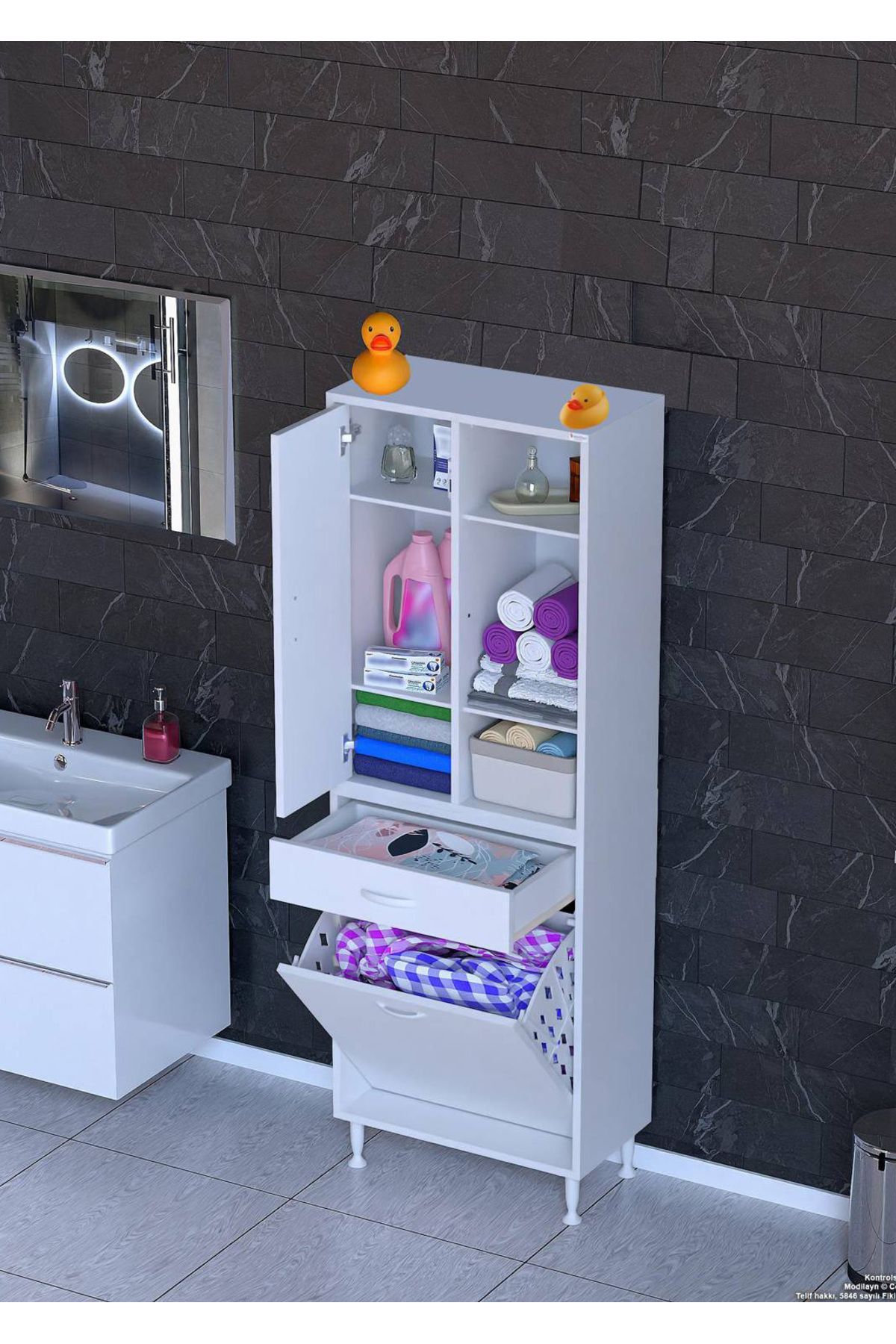 Modilayn 60x173x32,5cm 1 Çekmece, 1 Göz Sepet, 1 Kapak, 6 Raf Dar Alan Mutfak Dolabı Çok Amaçlı Dolap