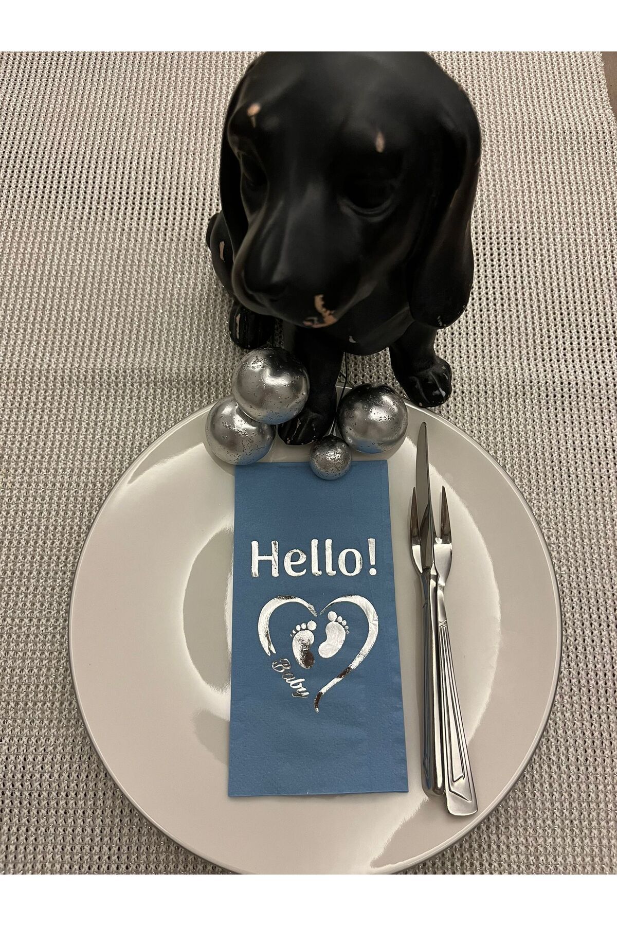 kidspartim Gümüş Yaldızlı Mavi hello Baby Ayaklı Peçete 16 Adet