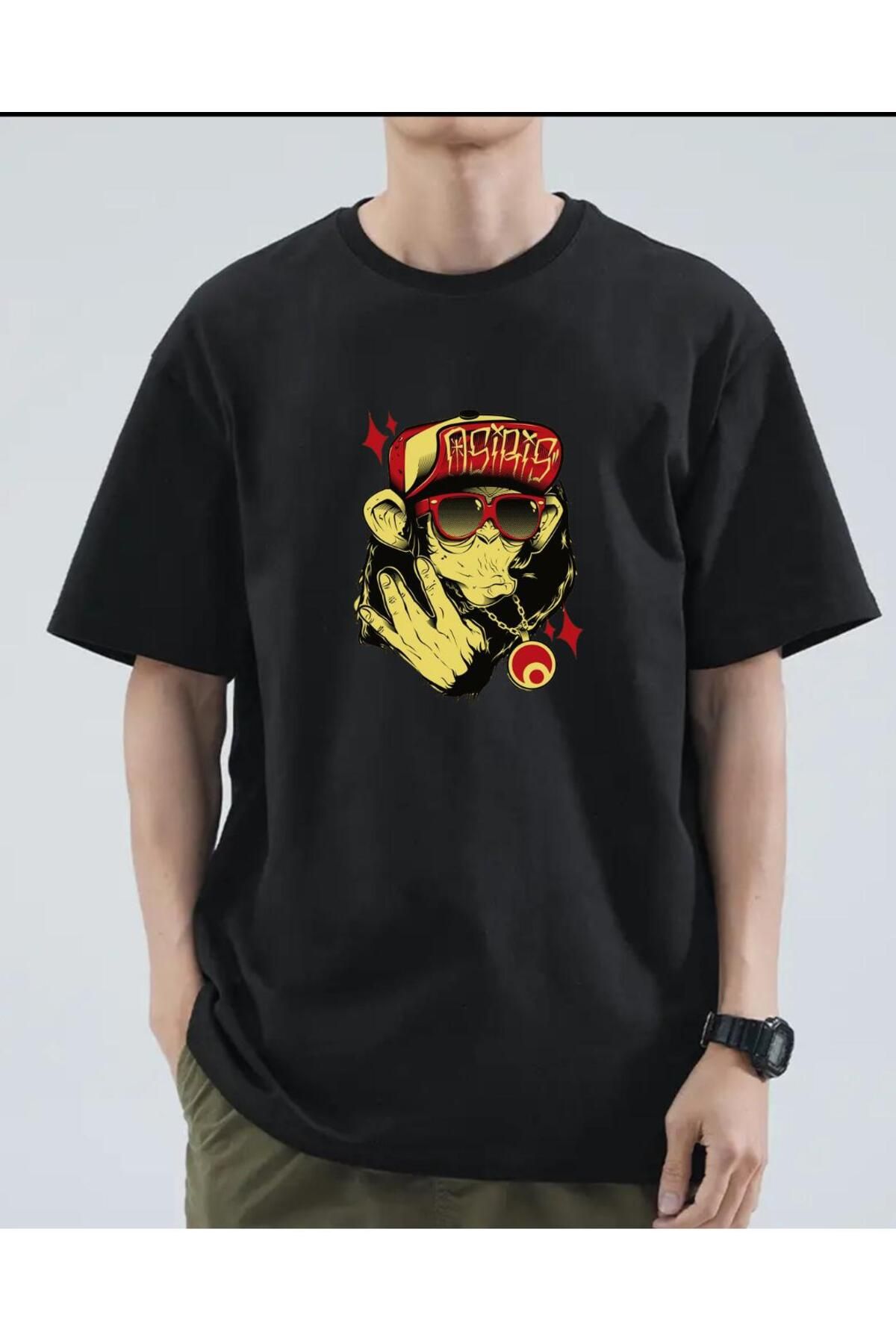 exans moda siyah maymun kulaklık renkli basklı unisex oversize tshirt