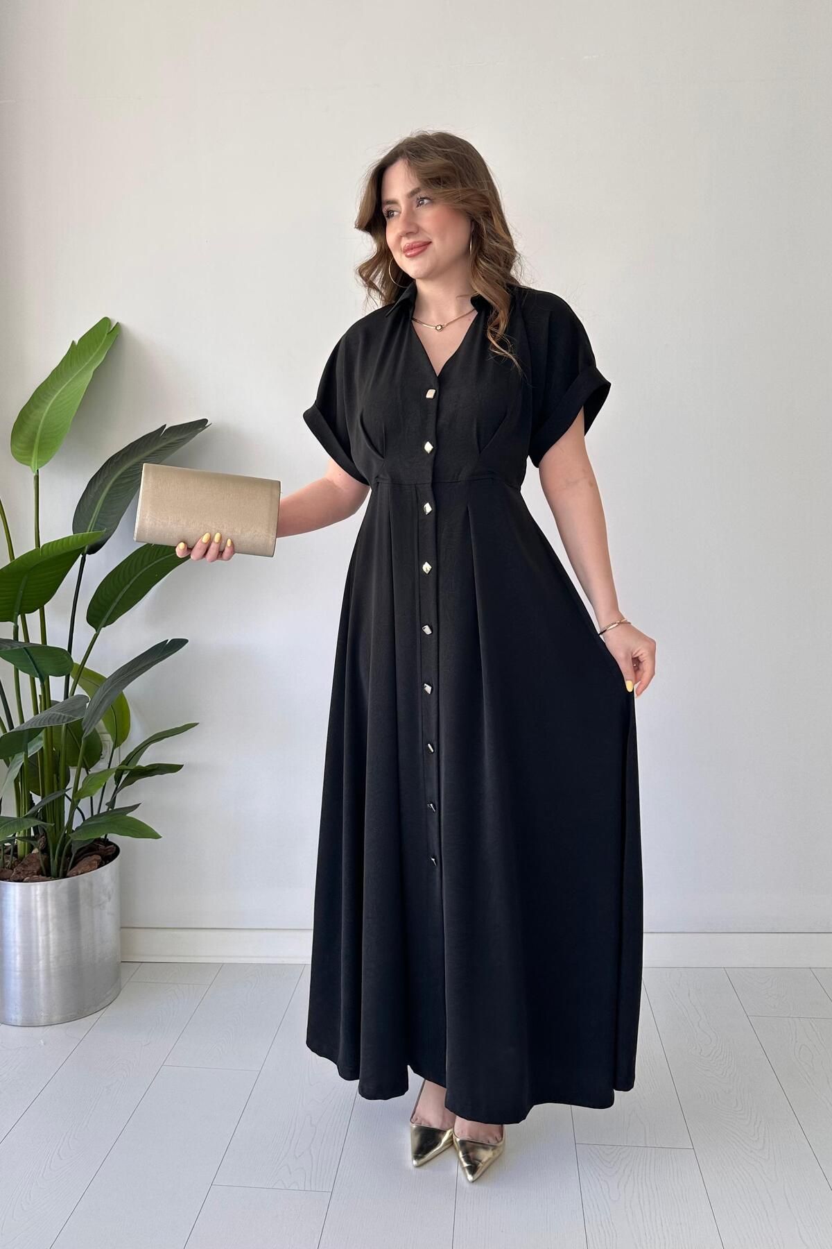 MaziButik Kare Düğmeli Elbise Siyah