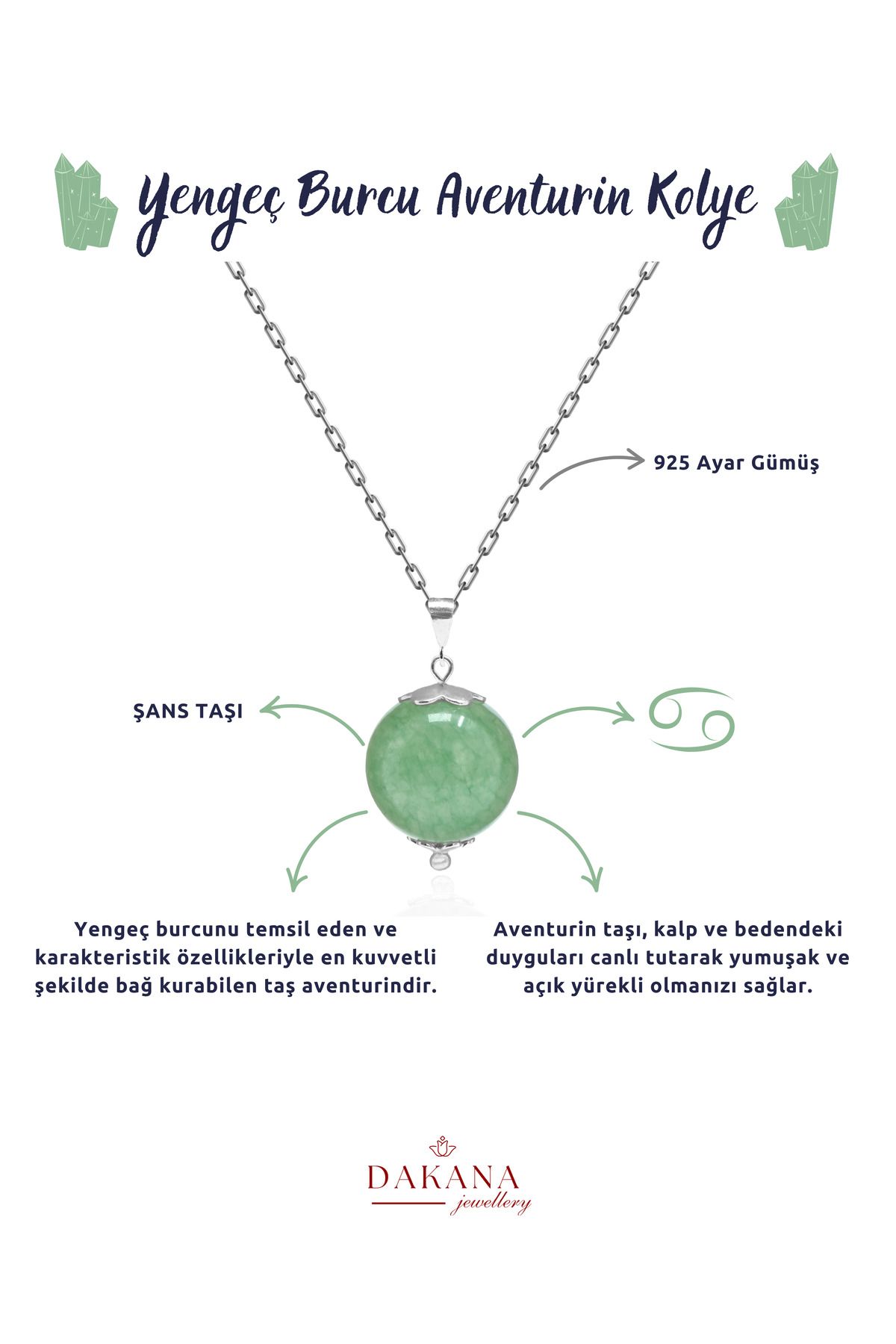DAKANA JEWELLERY Sertifikalı Aventurin Doğal Taş Yengeç Burcu Gümüş Kolye