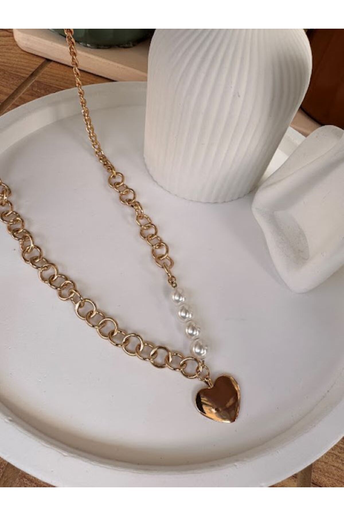 simy accessories İNCİ DETAY KALPLİ VİP KOLYE