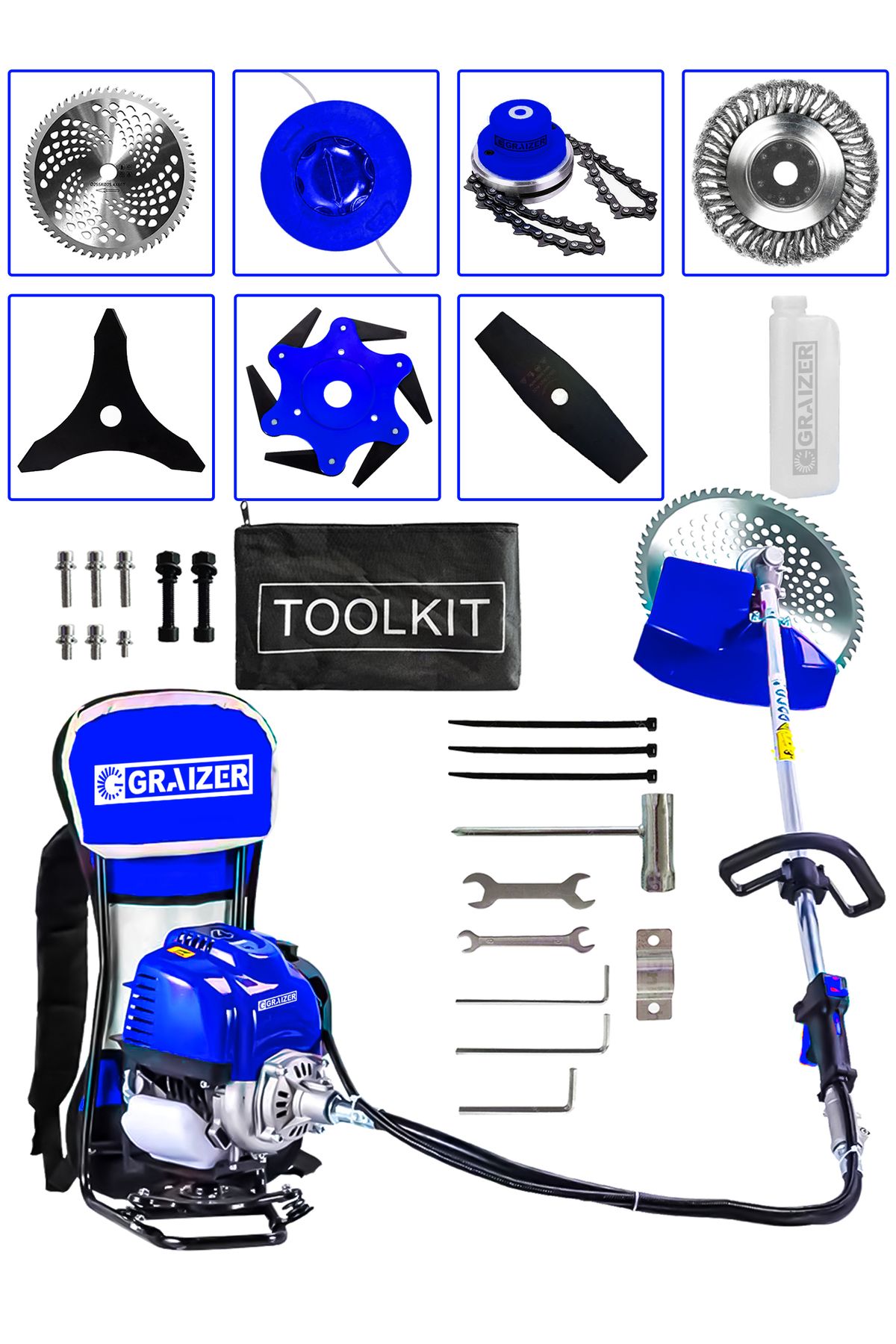 Graizer Powerforge 7 Başlıklı Set Sırt Tipi Benzinli Motorlu Ot Çalı Tırpanı Çim Biçme Makinesi Tırpan-Mavi