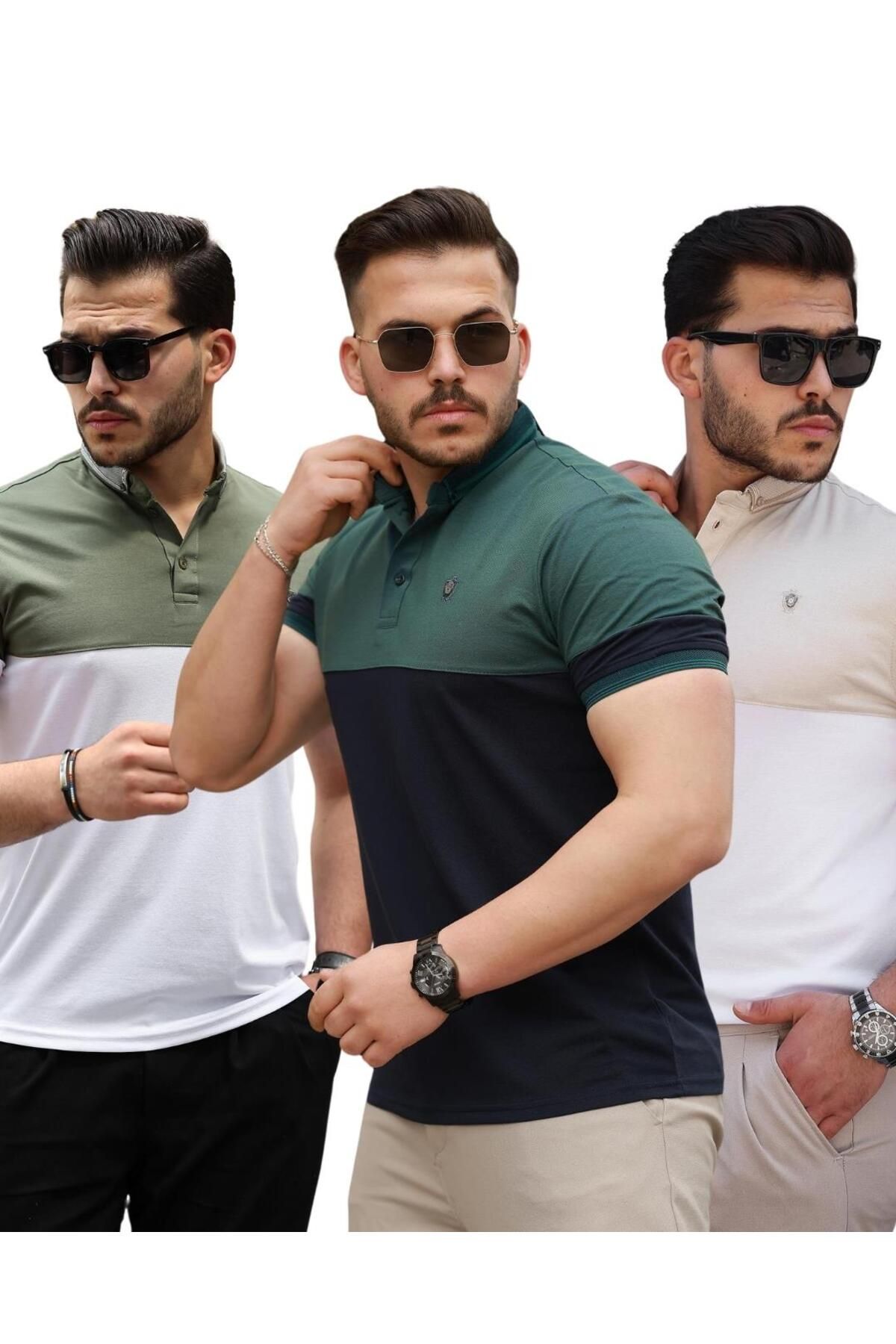 Miron Nefti Bej Haki Ston Parçalı Üçlü Paket Polo Yaka Kısa Kollu Tişört- 2521