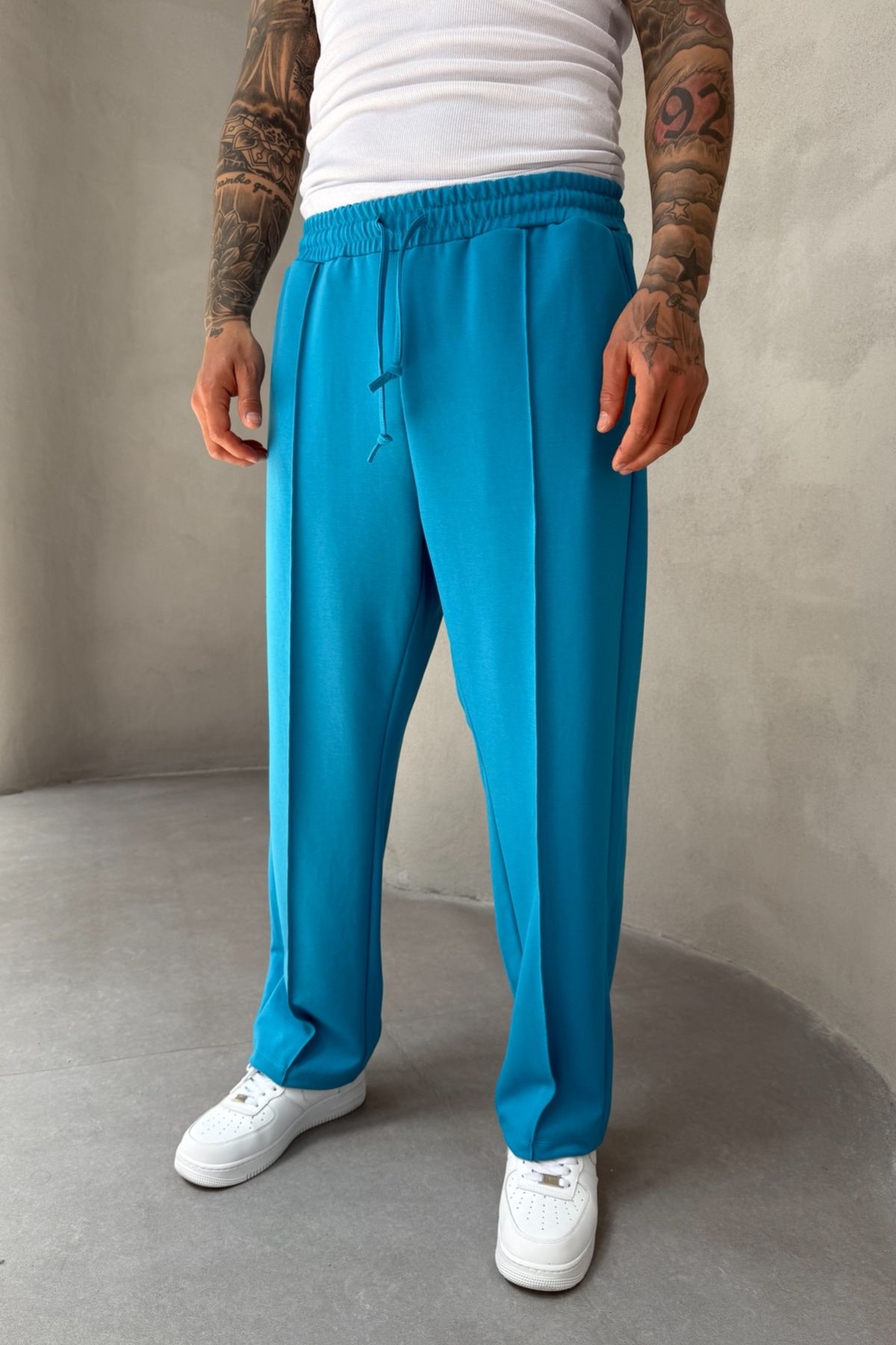 MADZEYMODA Erkek Baggy Kalıp Çima Detaylı Likralı Mavi Jogger Pantolon KE-5063