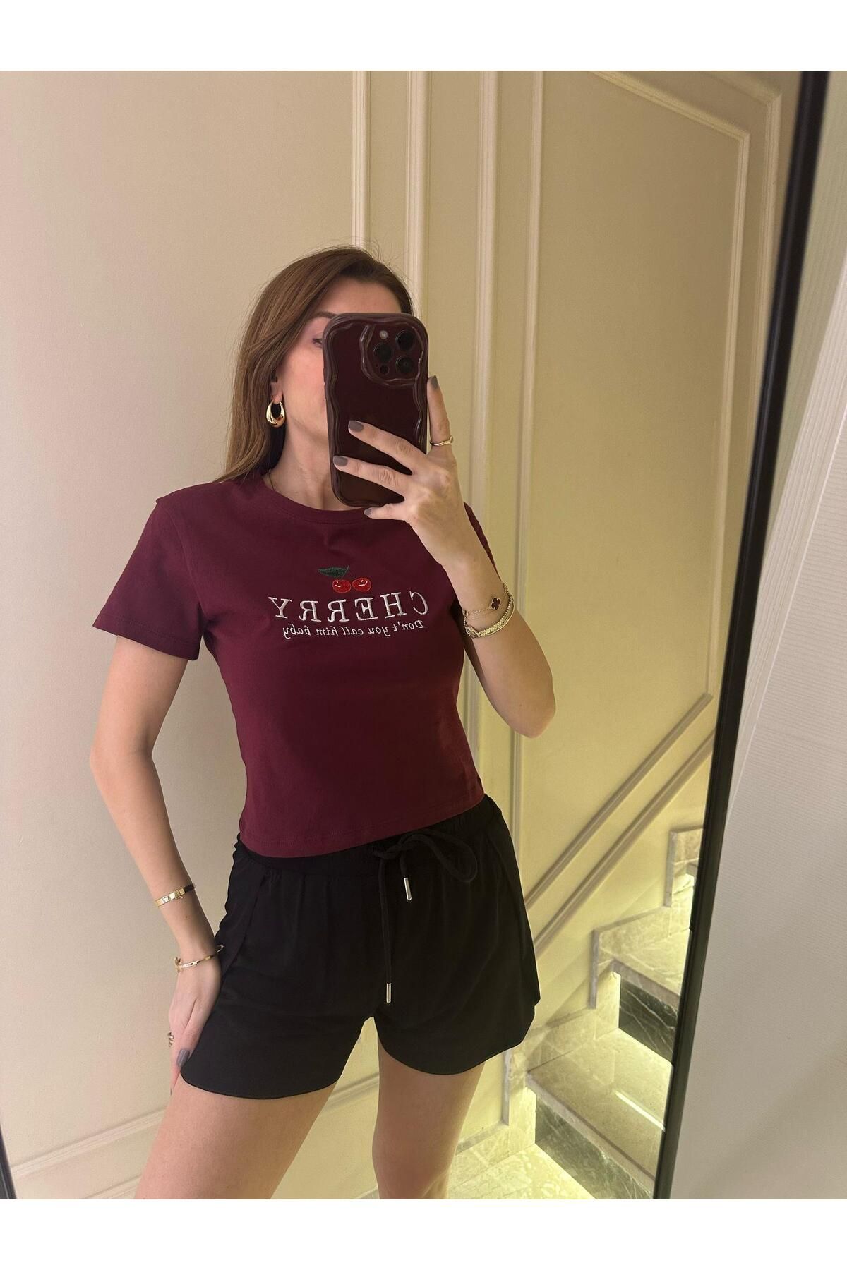 Chamakh Bordo Cherry Nakışlı Tişört