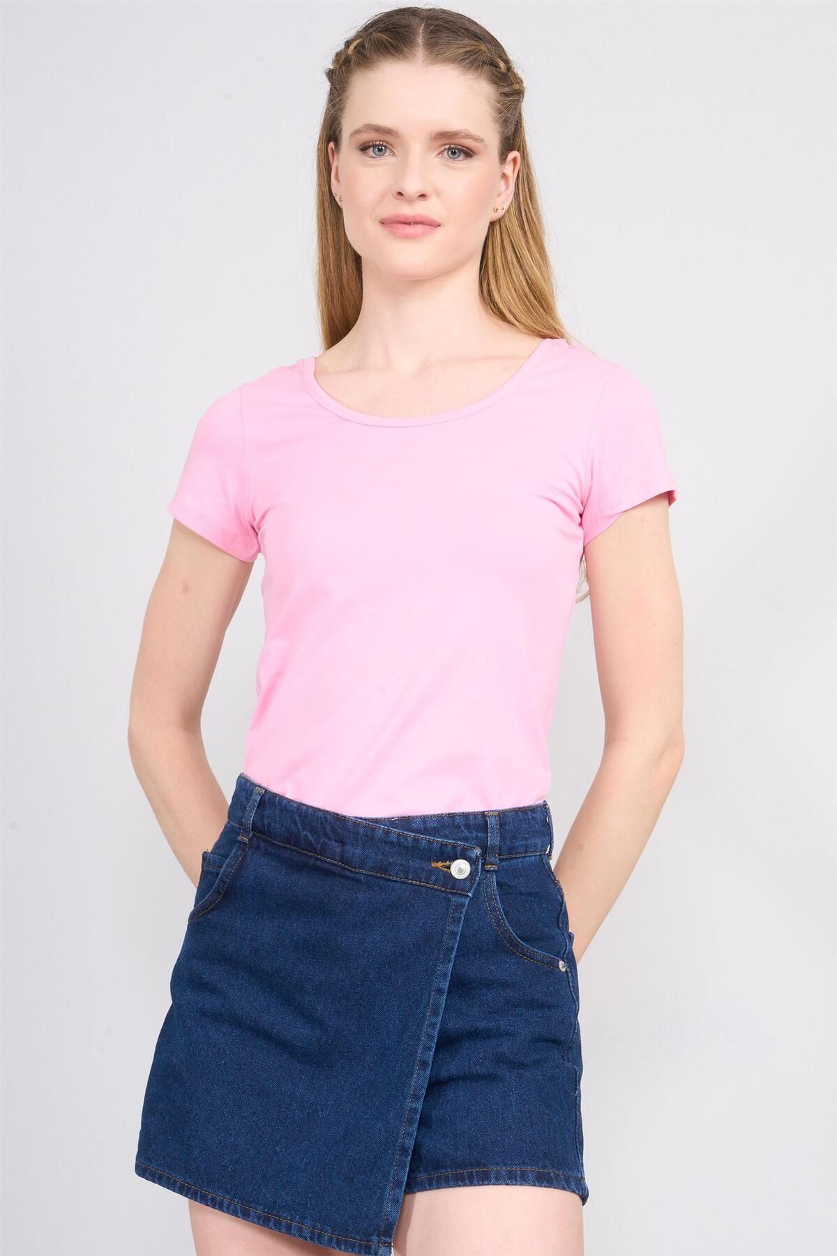 FİTHİT Çetinkaya Fithit 8469 Bisiklet Yaka 30/1 Compact Penye Süprem T-shirt Pembe