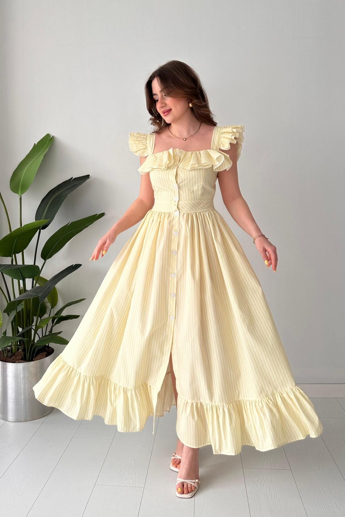 MaziButik Fırfır Detay Tasarım Poplin Elbise Sarı