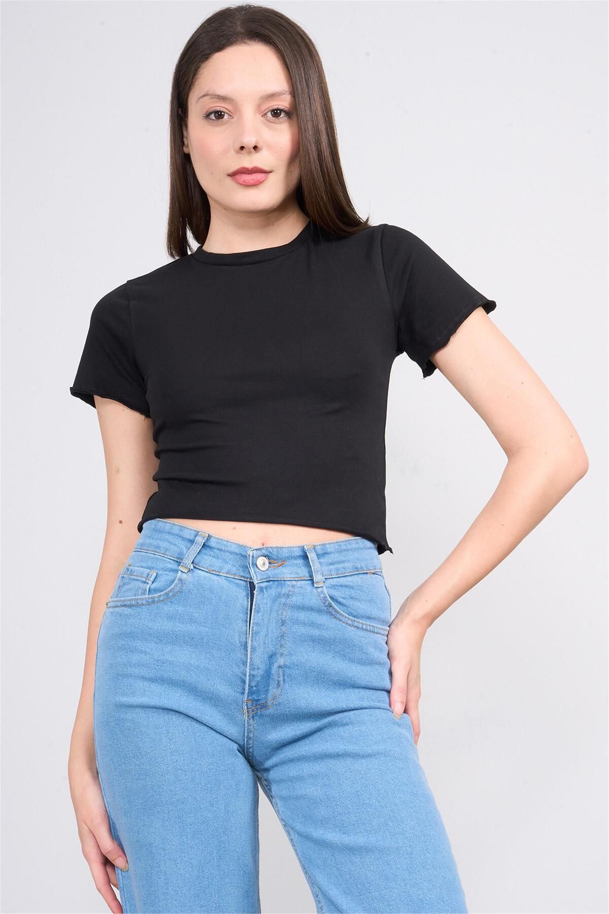 FİTHİT Çetinkaya Fithit 8506 Bisiklet Yaka 30/1 Likralı Süprem Crop T-shirt Siyah
