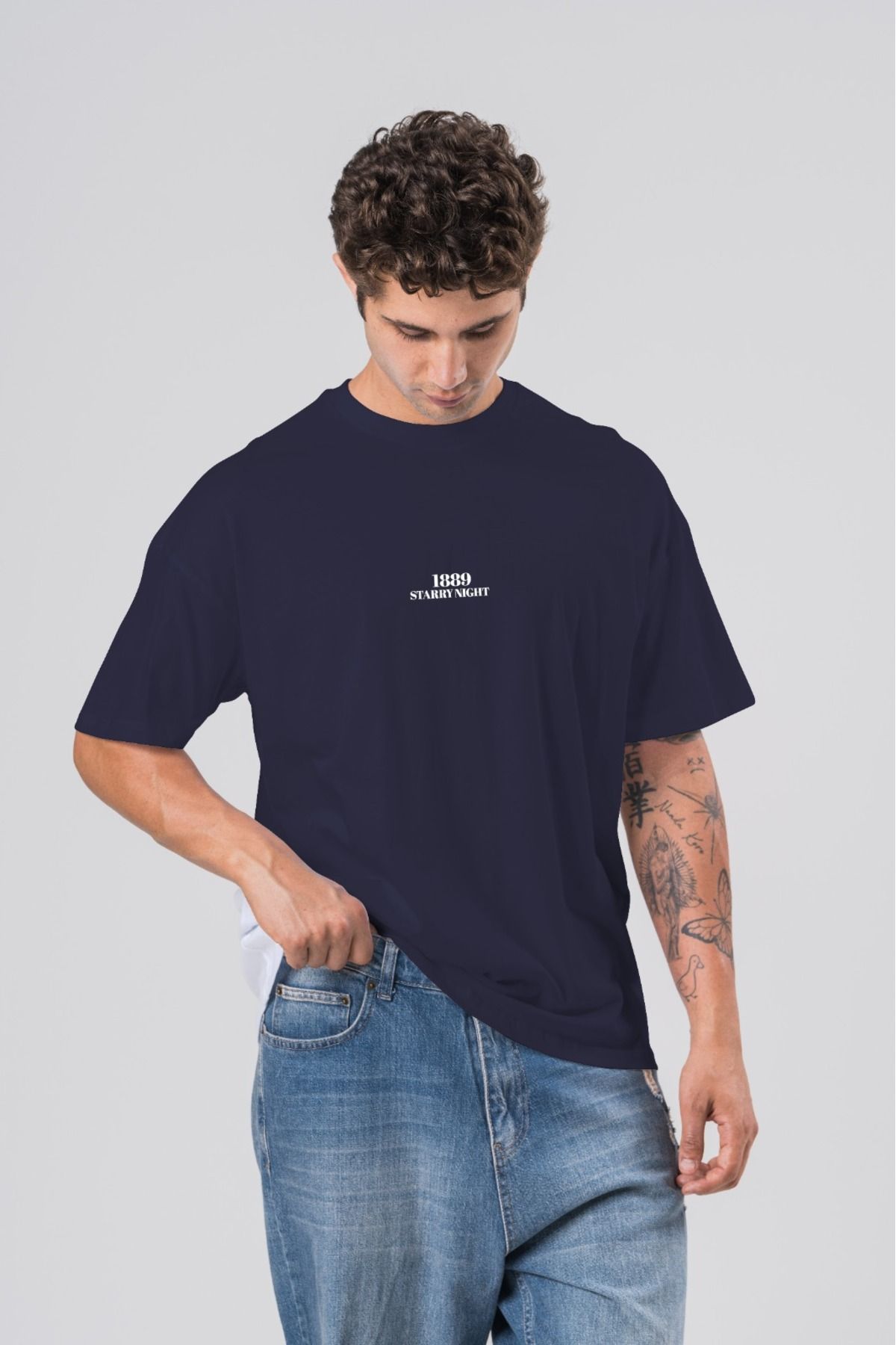 COAL CİTY Erkek Lacivert Baskılı Oversize Geniş Kesim %100 Organik Pamuk T-shirt