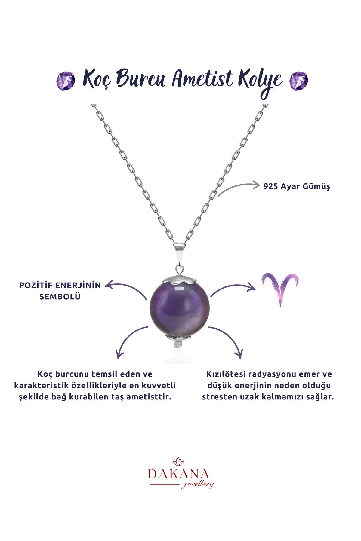 DAKANA JEWELLERY Sertifikalı Ametist Doğal Taş Koç Burcu Gümüş Kolye